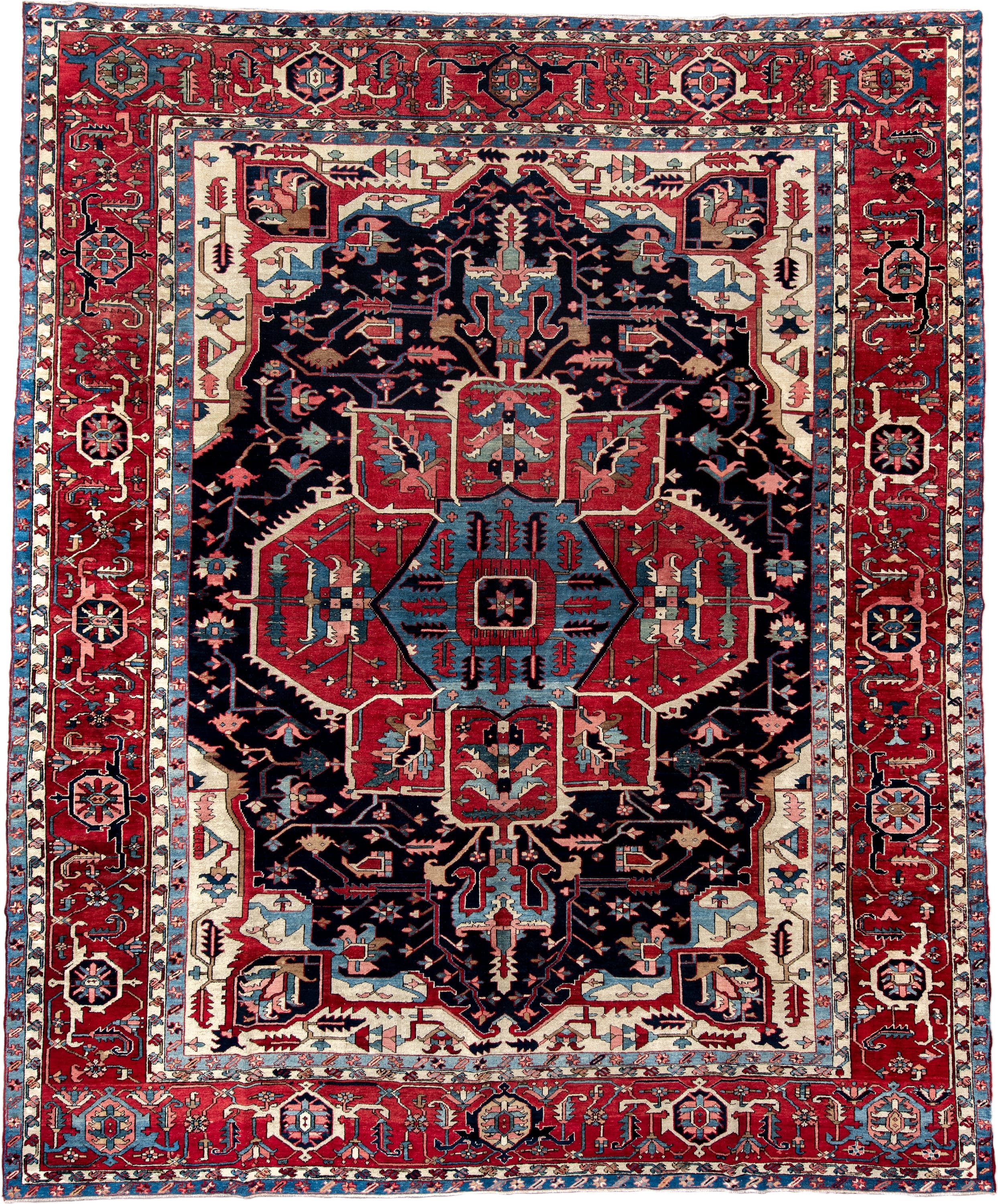 11' x 14' one-of-a-kind handmade vintage Serapi oversize rug. Color palette: brick red, navy, sky blue, ivory, coral, camel