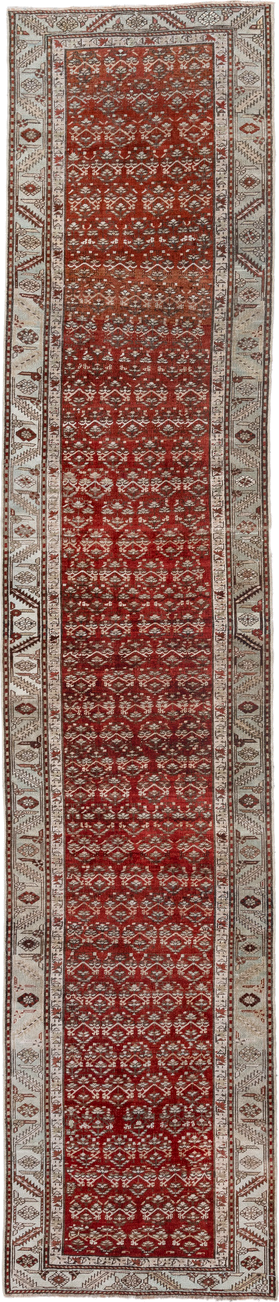 2' x 14' one-of-a-kind handmade antique Caucasian runner rug. Color palette: rust, ivory, crimson, brown, charcoal