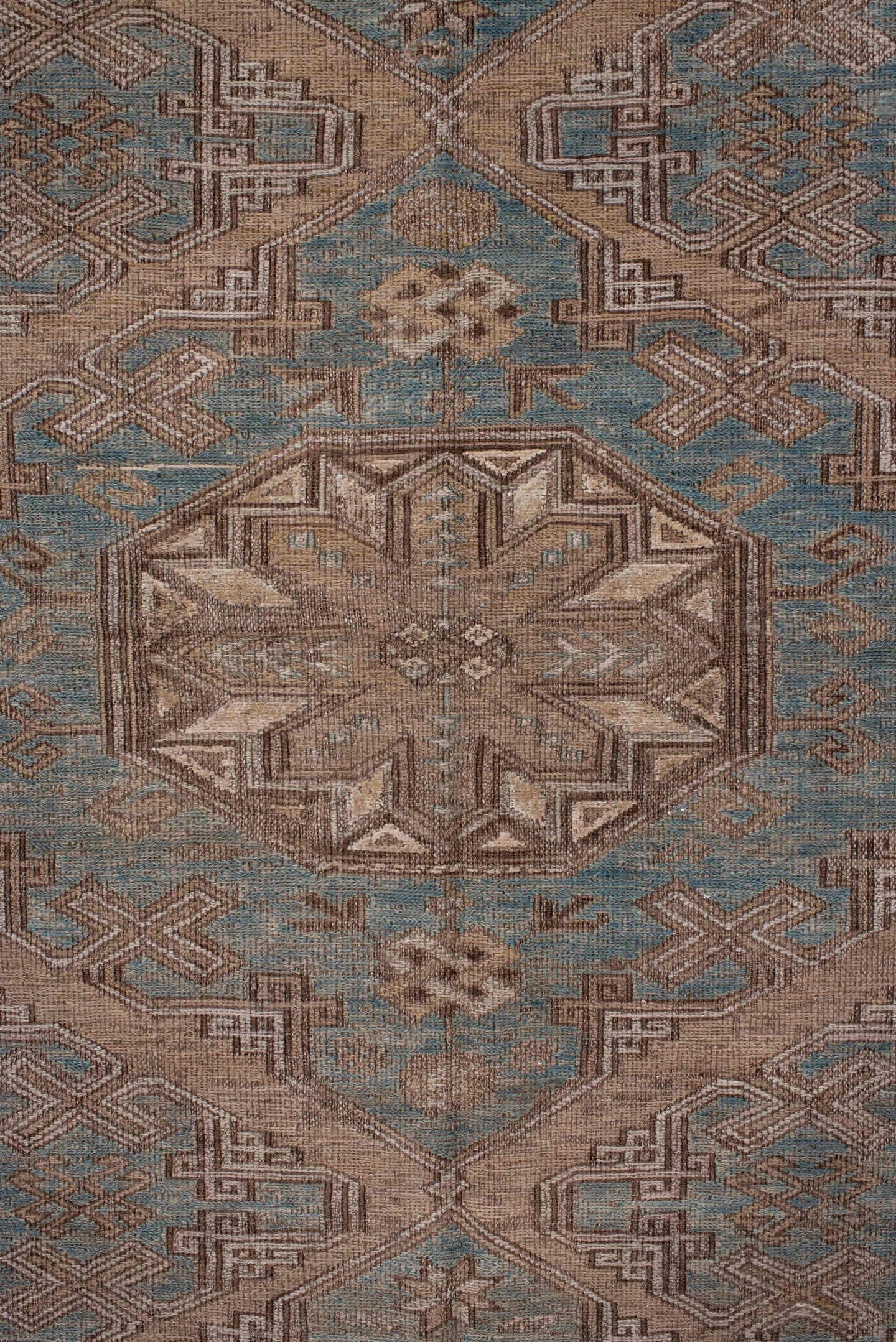 4' x 7' one-of-a-kind handmade vintage Sumak rug. Color palette: light blue, taupe, brown, ivory, camel, slate, beige, gray