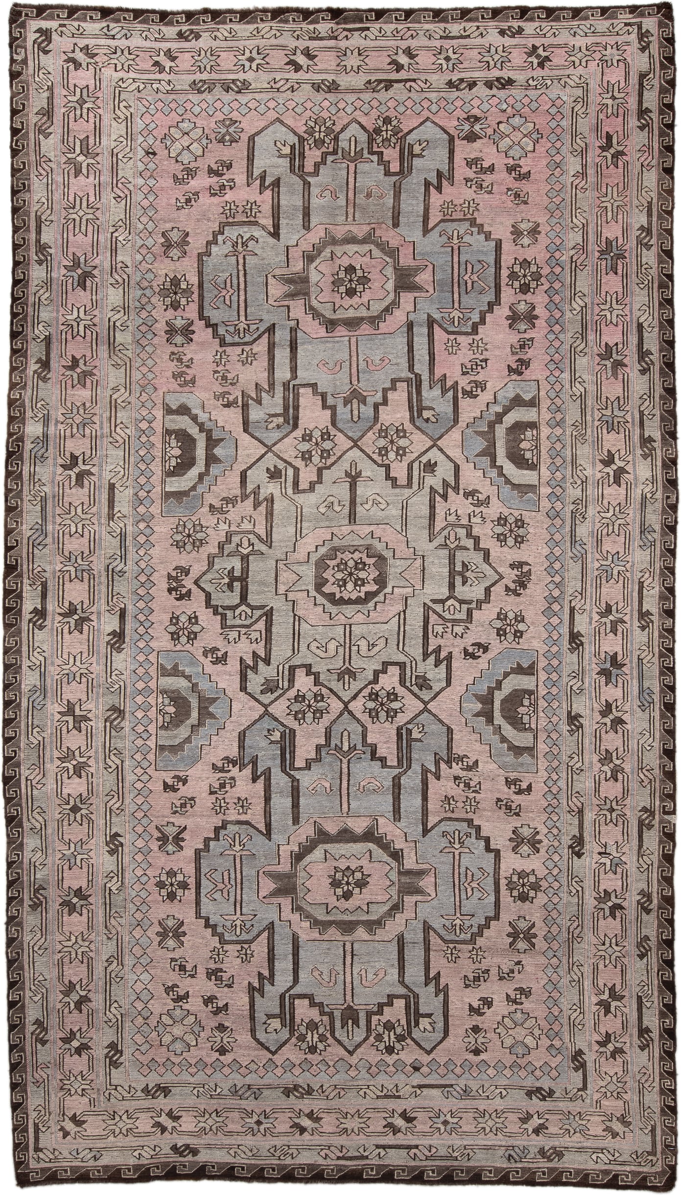 6' x 11' one-of-a-kind handmade vintage Sumak large size rug. Color palette: blush, ivory, brown, slate, taupe, charcoal