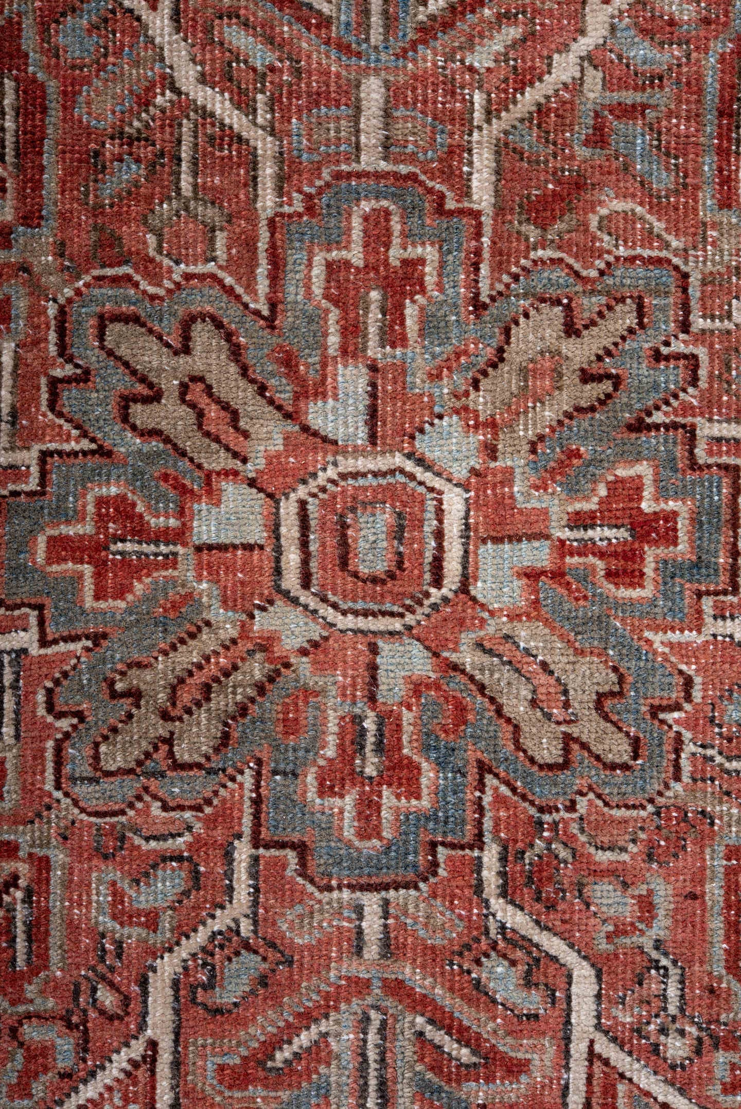8' x 12' one-of-a-kind handmade vintage Heriz large size rug. Color palette: rust, ivory, sky blue, brick, taupe, charcoal