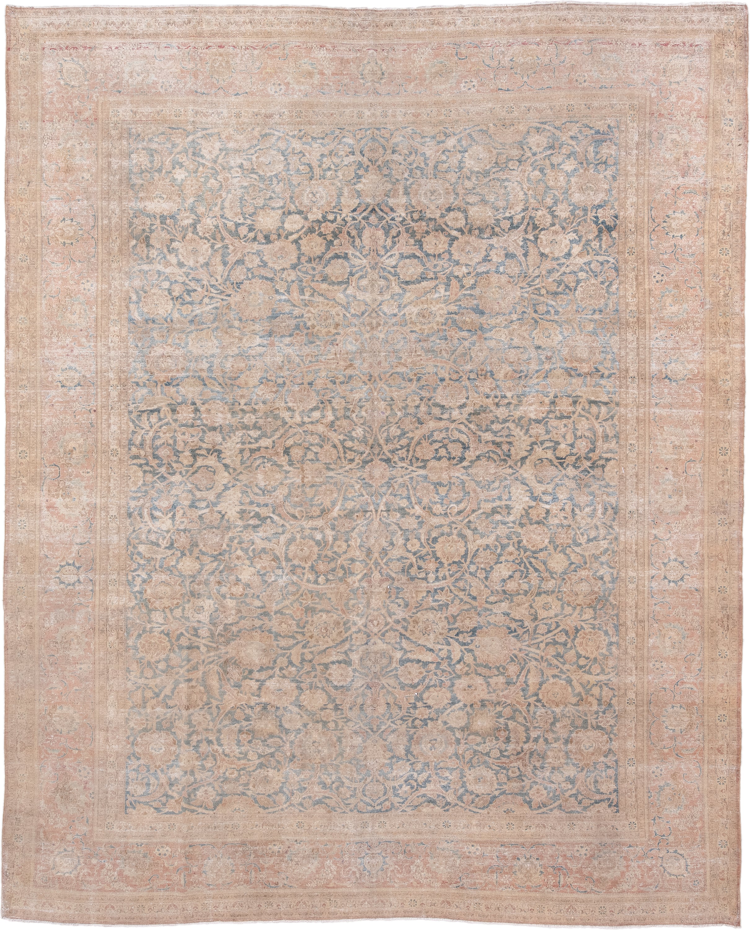 10' x 12' one-of-a-kind handmade antique Kashan large size rug. Color palette: blush, powder blue, ivory, taupe, beige, pink
