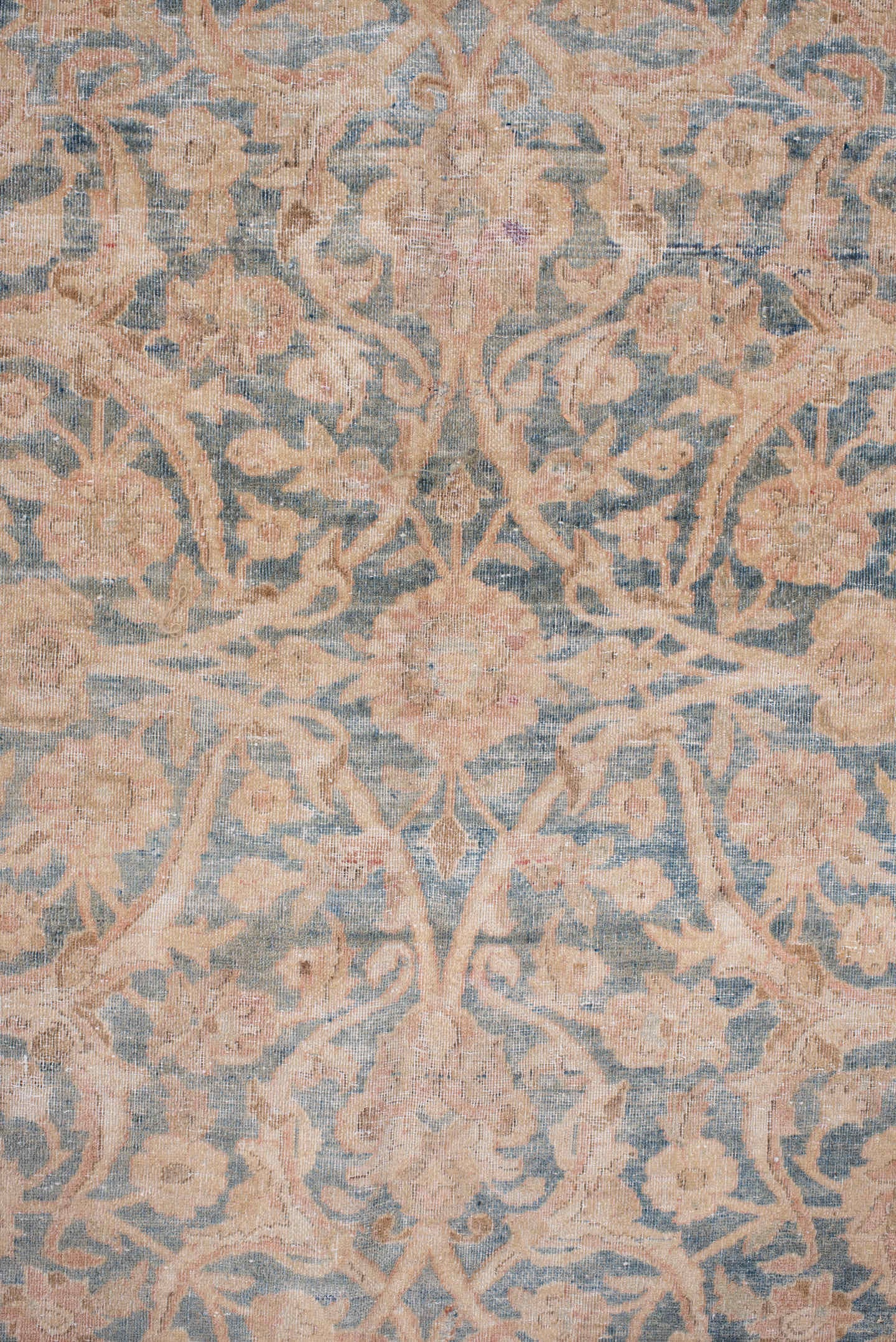 10' x 12' one-of-a-kind handmade antique Kashan large size rug. Color palette: blush, powder blue, ivory, taupe, beige, pink