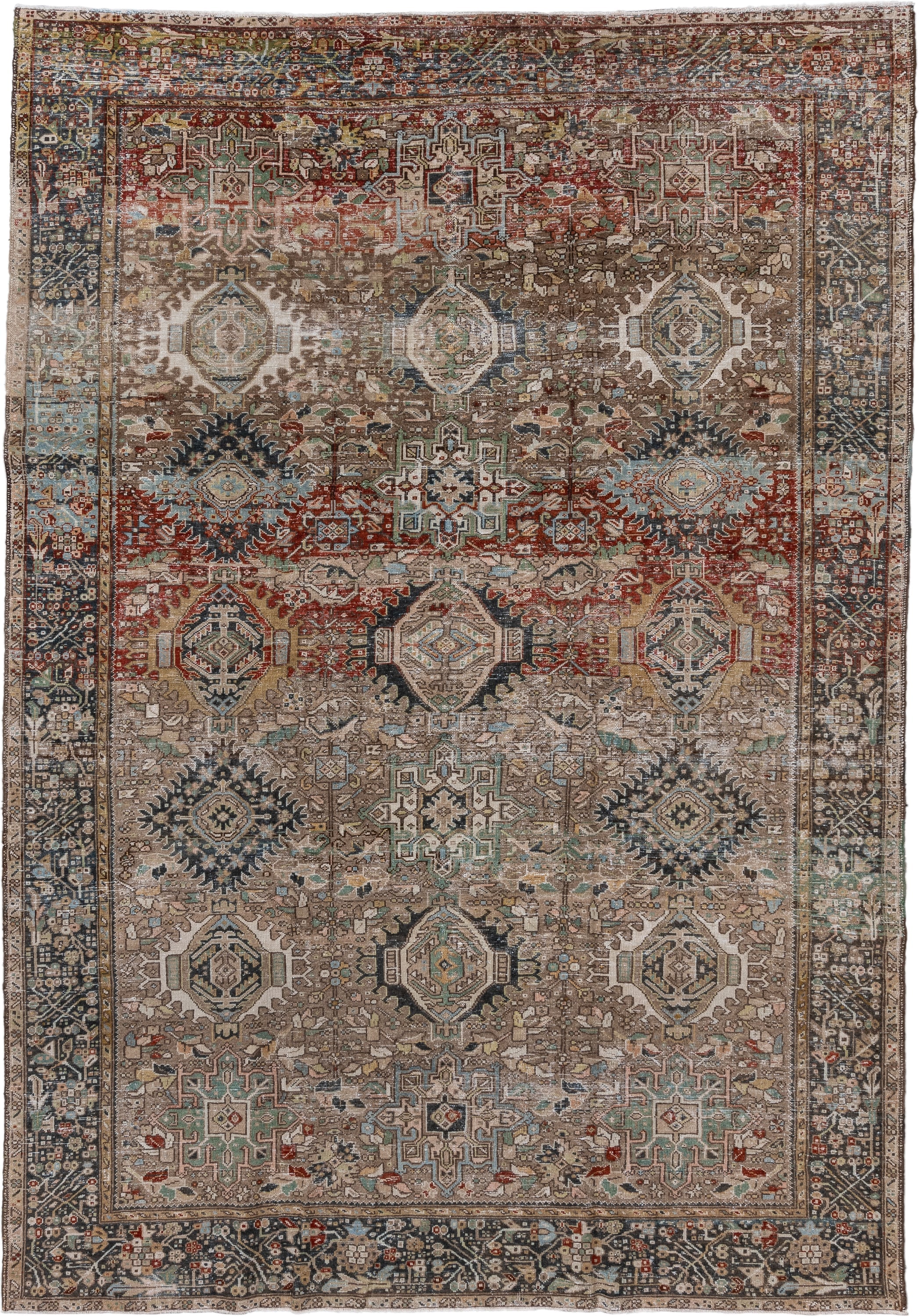 7' x 10' one-of-a-kind handmade antique Karaje large size rug. Color palette: taupe, brown, ivory, rust, slate, pale_blue