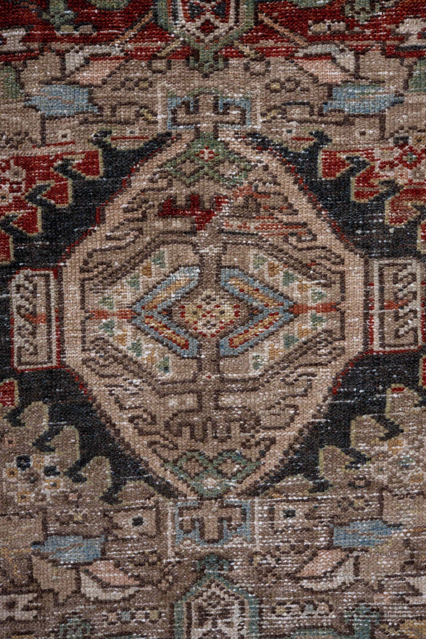 7' x 10' one-of-a-kind handmade antique Karaje large size rug. Color palette: taupe, brown, ivory, rust, slate, pale_blue