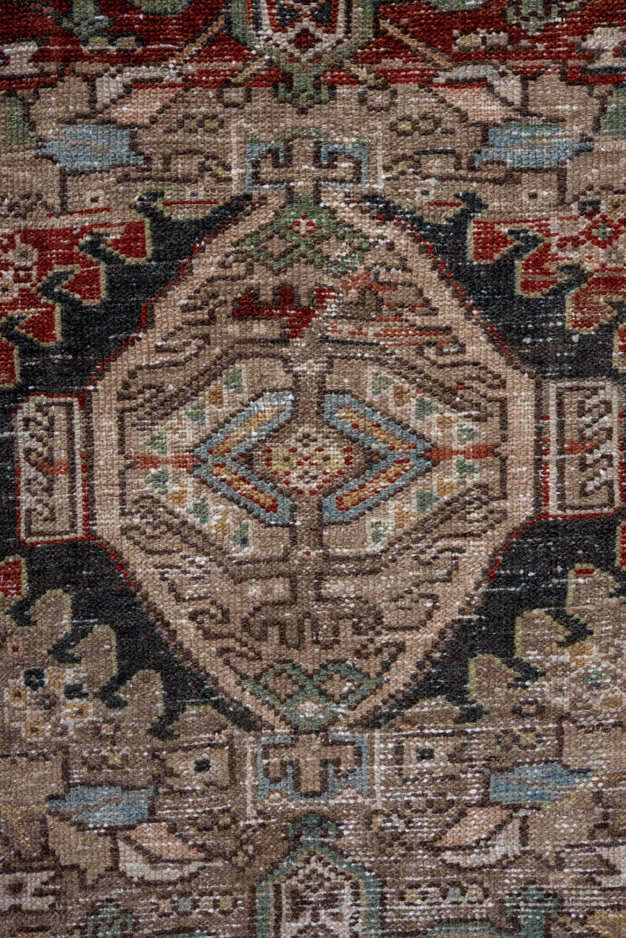 7' x 10' one-of-a-kind handmade antique Karaje large size rug. Color palette: taupe, brown, ivory, rust, slate, pale_blue