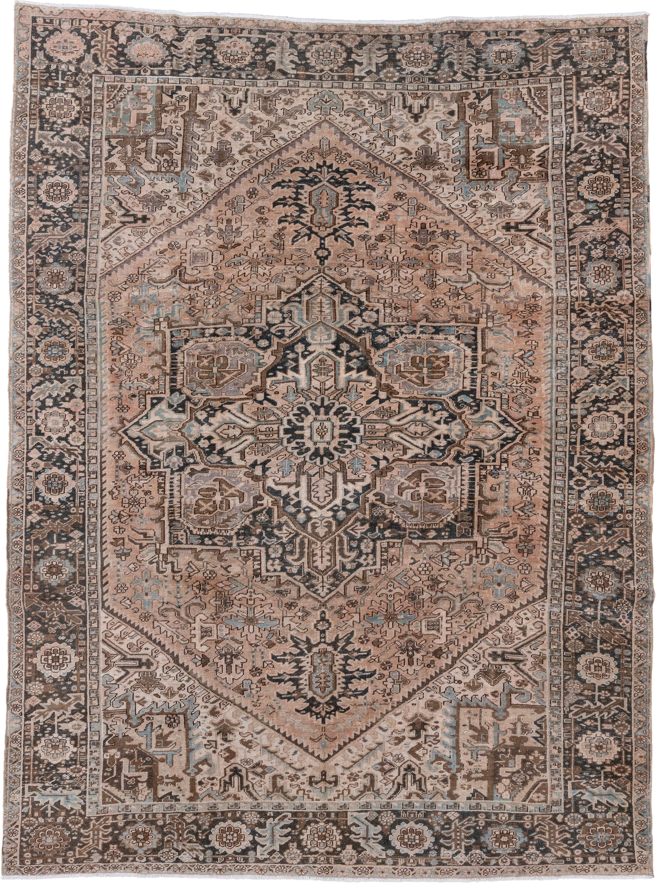 9' x 12' one-of-a-kind handmade antique Heriz large size rug. Color palette: ivory, camel, charcoal, taupe, pale blue, brown