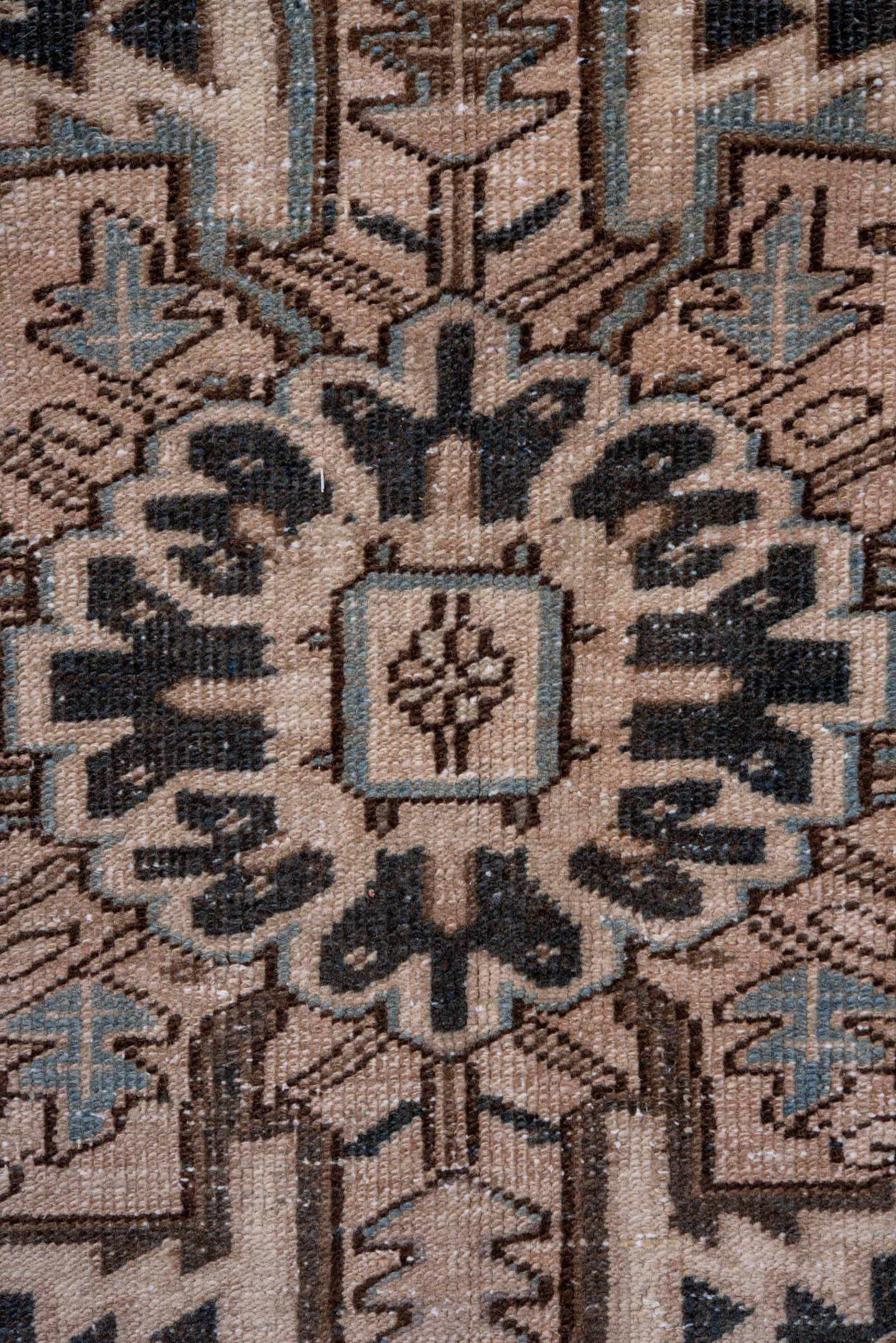 9' x 12' one-of-a-kind handmade antique Heriz large size rug. Color palette: ivory, camel, charcoal, taupe, pale blue, brown