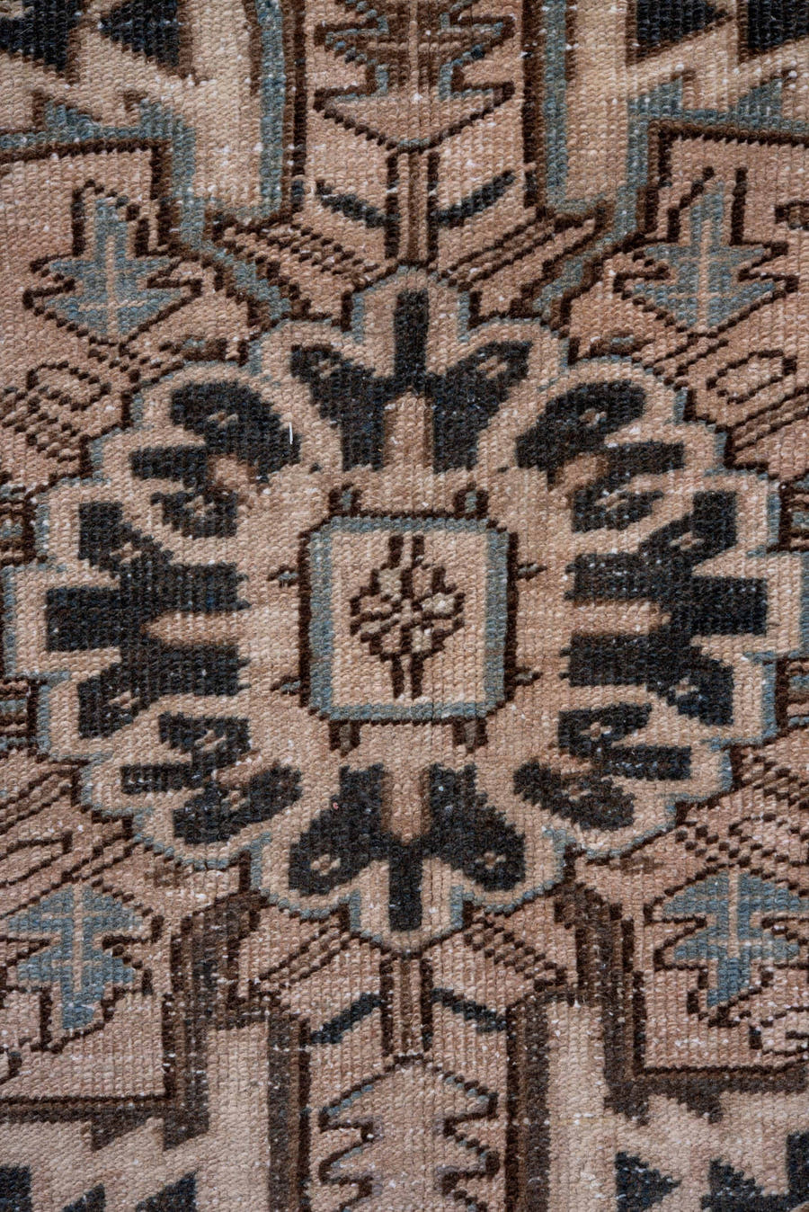 9' x 12' one-of-a-kind handmade antique Heriz large size rug. Color palette: ivory, camel, charcoal, taupe, pale blue, brown