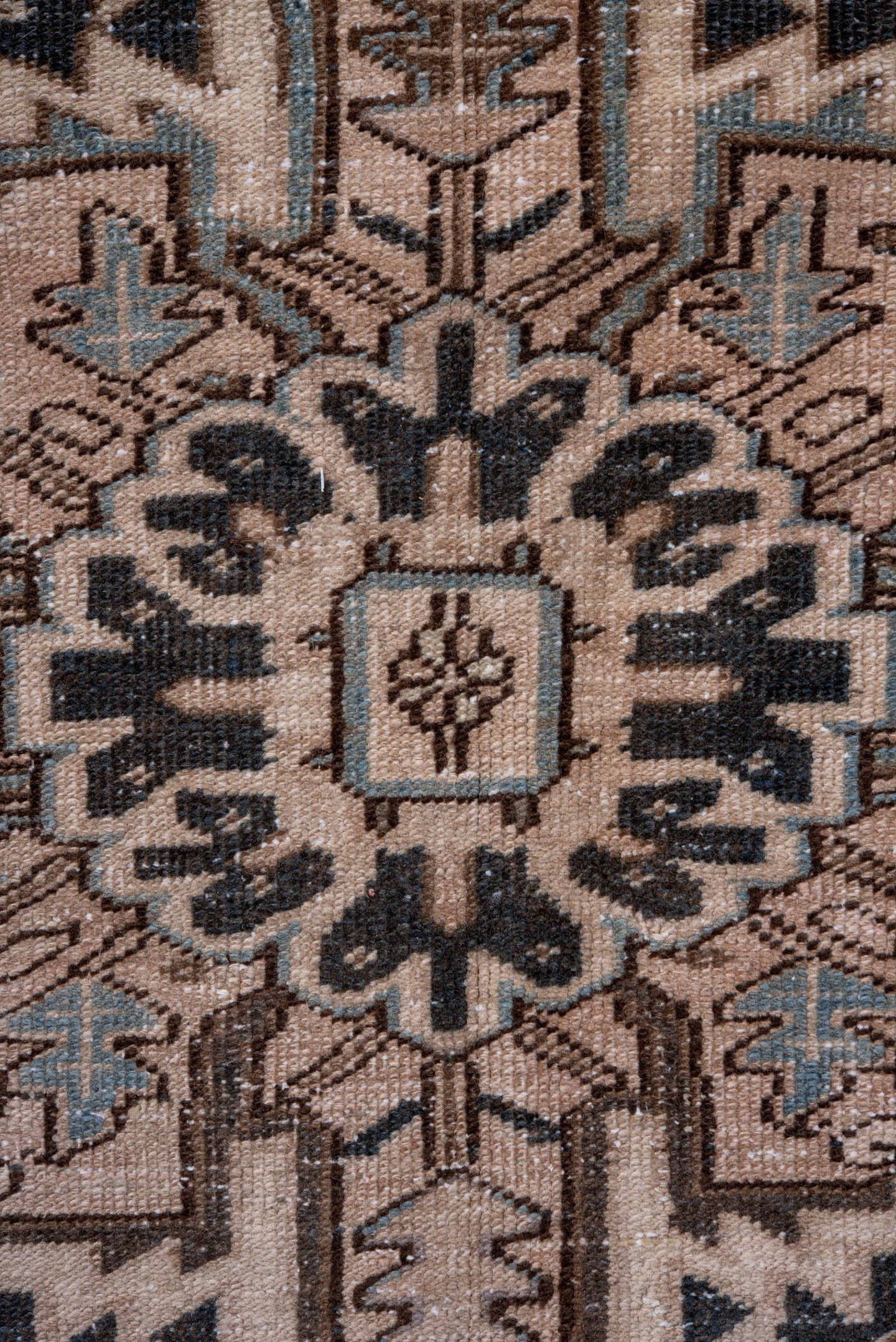 9' x 12' one-of-a-kind handmade antique Heriz large size rug. Color palette: ivory, camel, charcoal, taupe, pale blue, brown