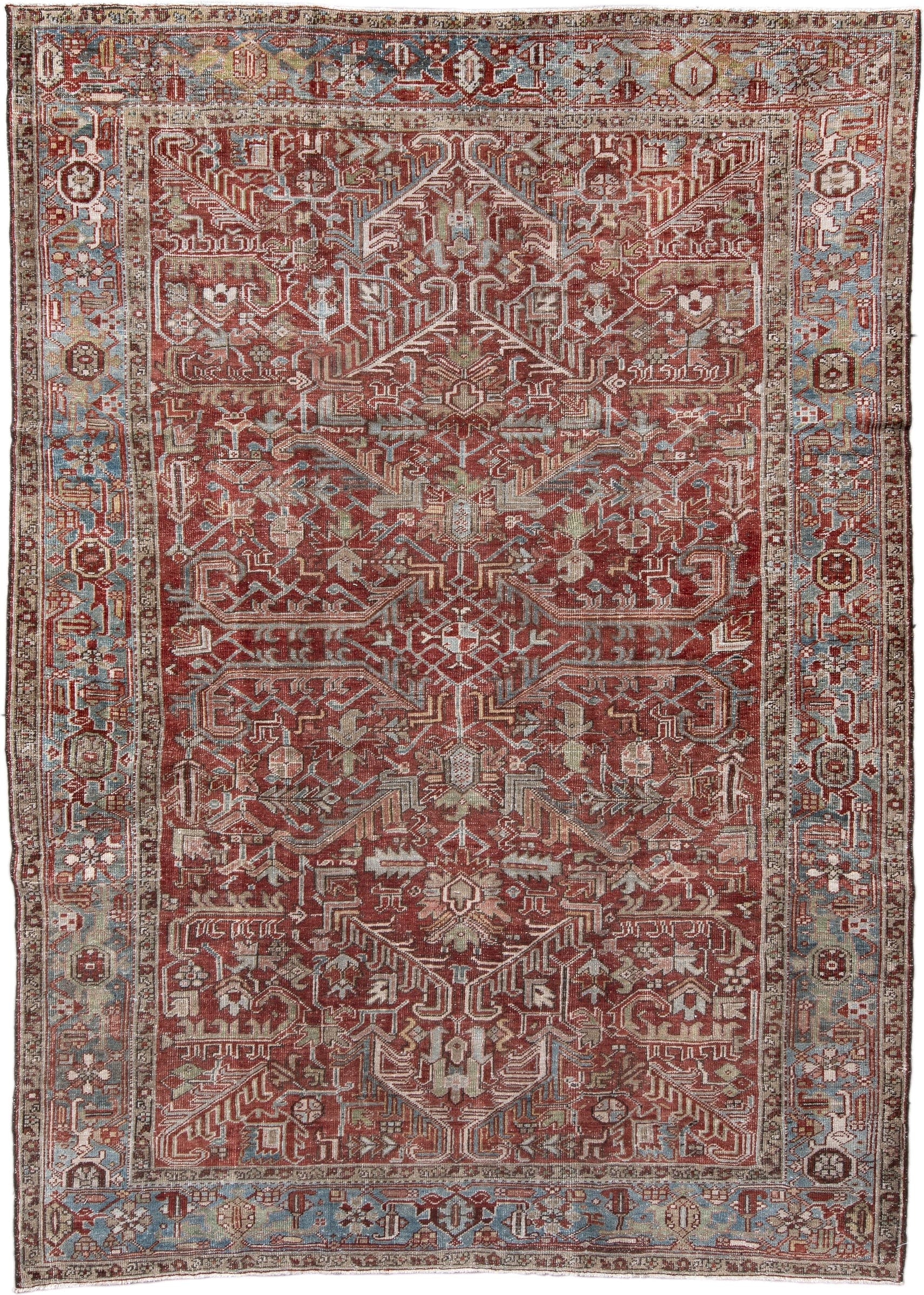 7' x 10' one-of-a-kind handmade vintage Heriz large size rug. Color palette: rust, sky blue, ivory, taupe, sage, burgundy