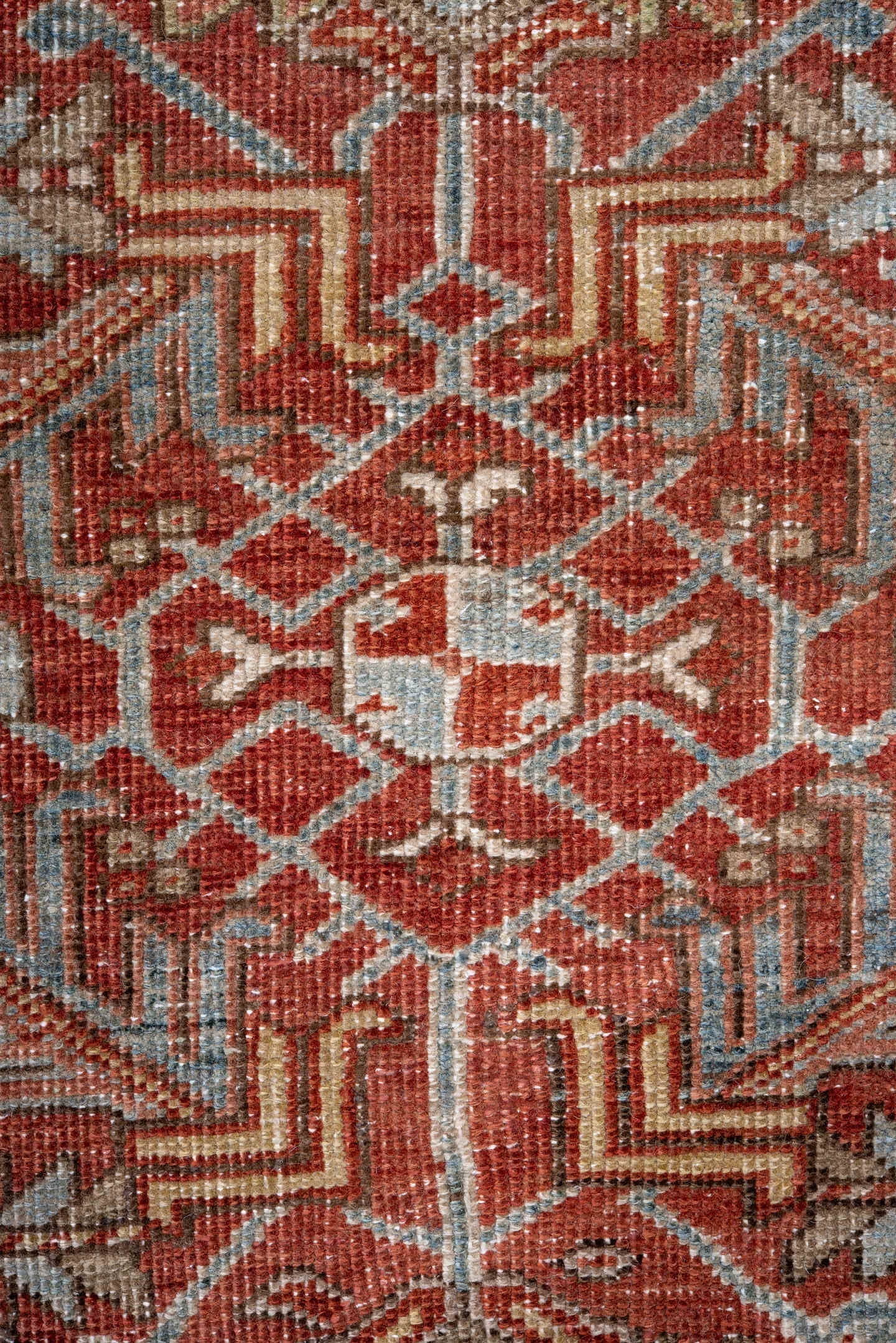7' x 10' one-of-a-kind handmade vintage Heriz large size rug. Color palette: rust, sky blue, ivory, taupe, sage, burgundy