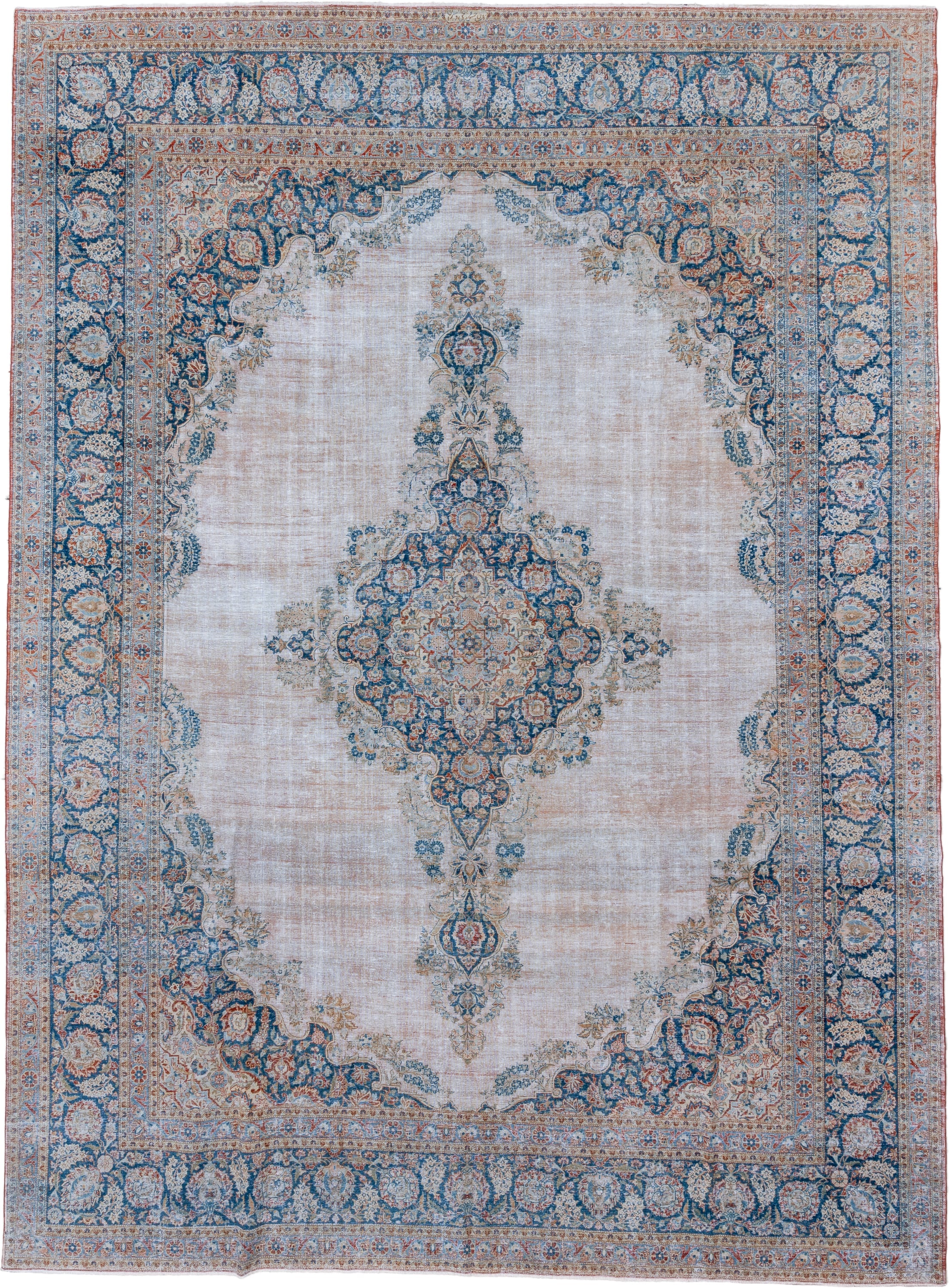 10' x 14' one-of-a-kind handmade antique Kashan large size rug. Color palette: ivory, blue, sky blue, blush, taupe, camel