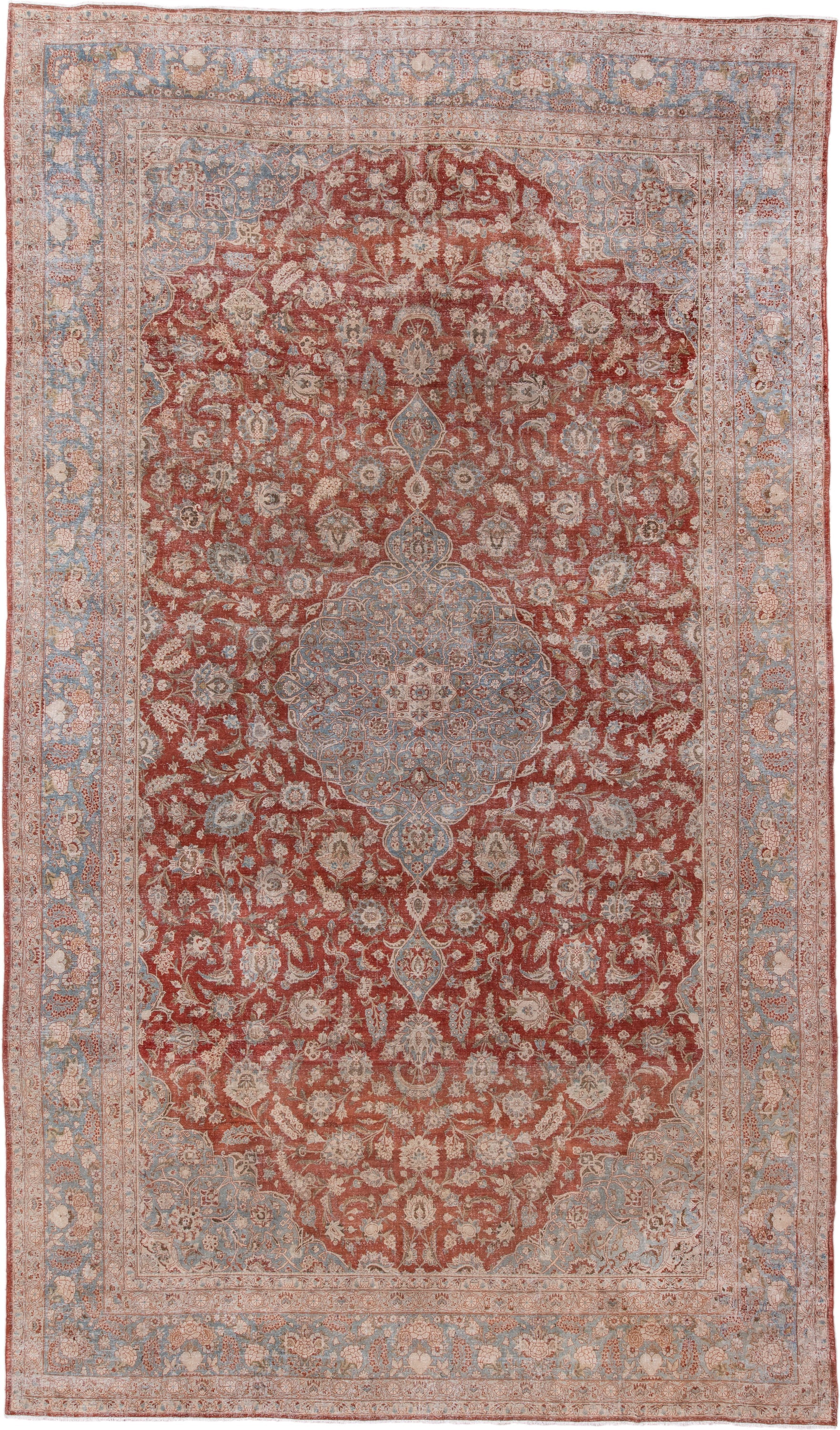 10' x 17' one-of-a-kind handmade antique Kashan rug. Color palette: rust, light blue, ivory, terra cotta, beige, taupe