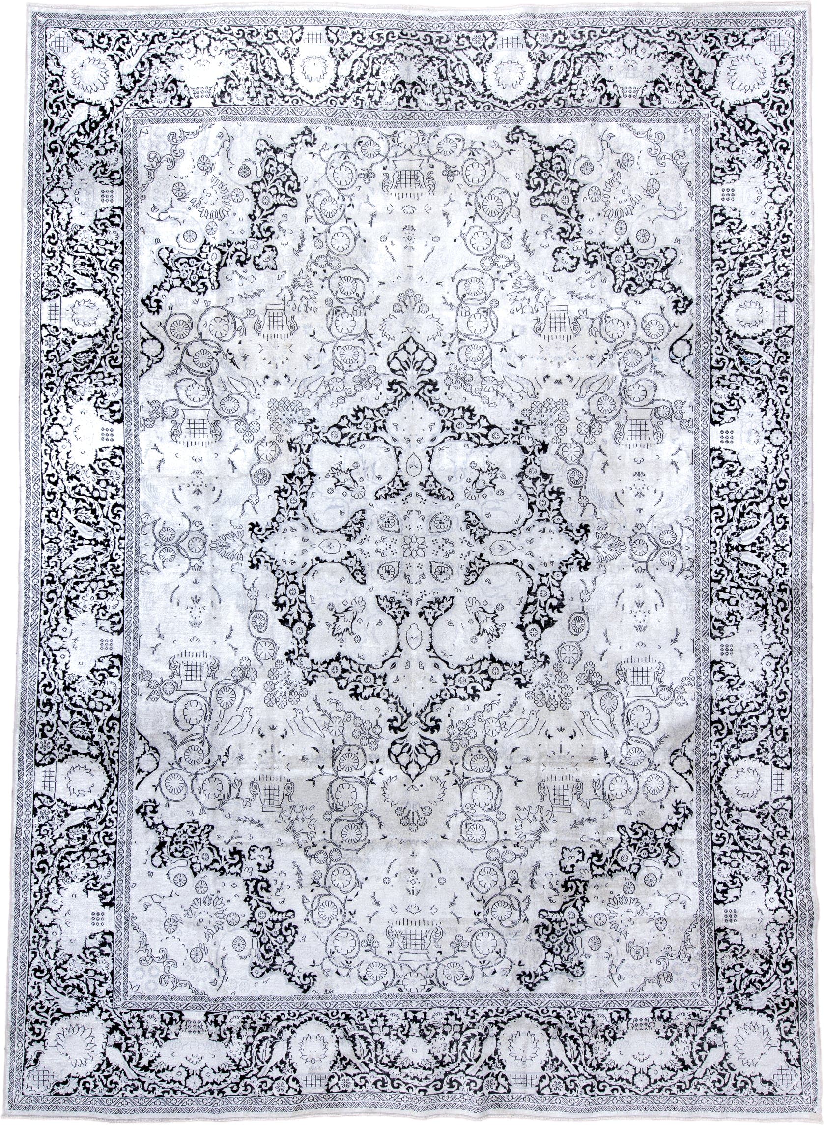 9' x 13' one-of-a-kind handmade vintage Kaisary large size rug. Color palette: ivory, charcoal, slate, silver, gray, black