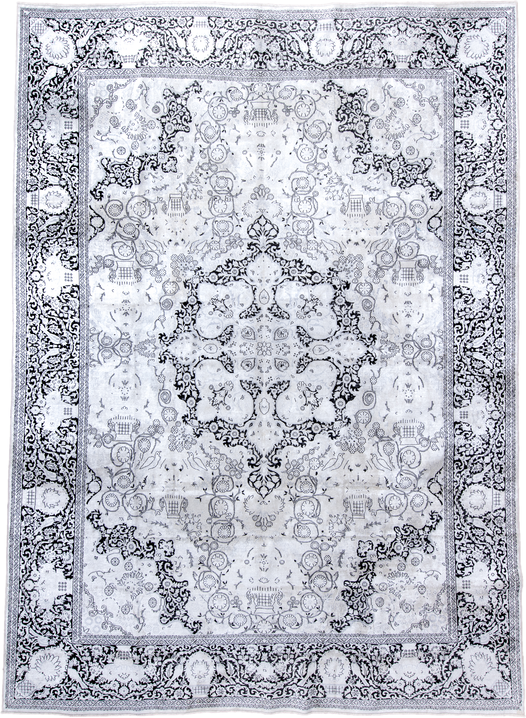 9' x 13' one-of-a-kind handmade vintage Kaisary large size rug. Color palette: ivory, charcoal, slate, silver, gray, black