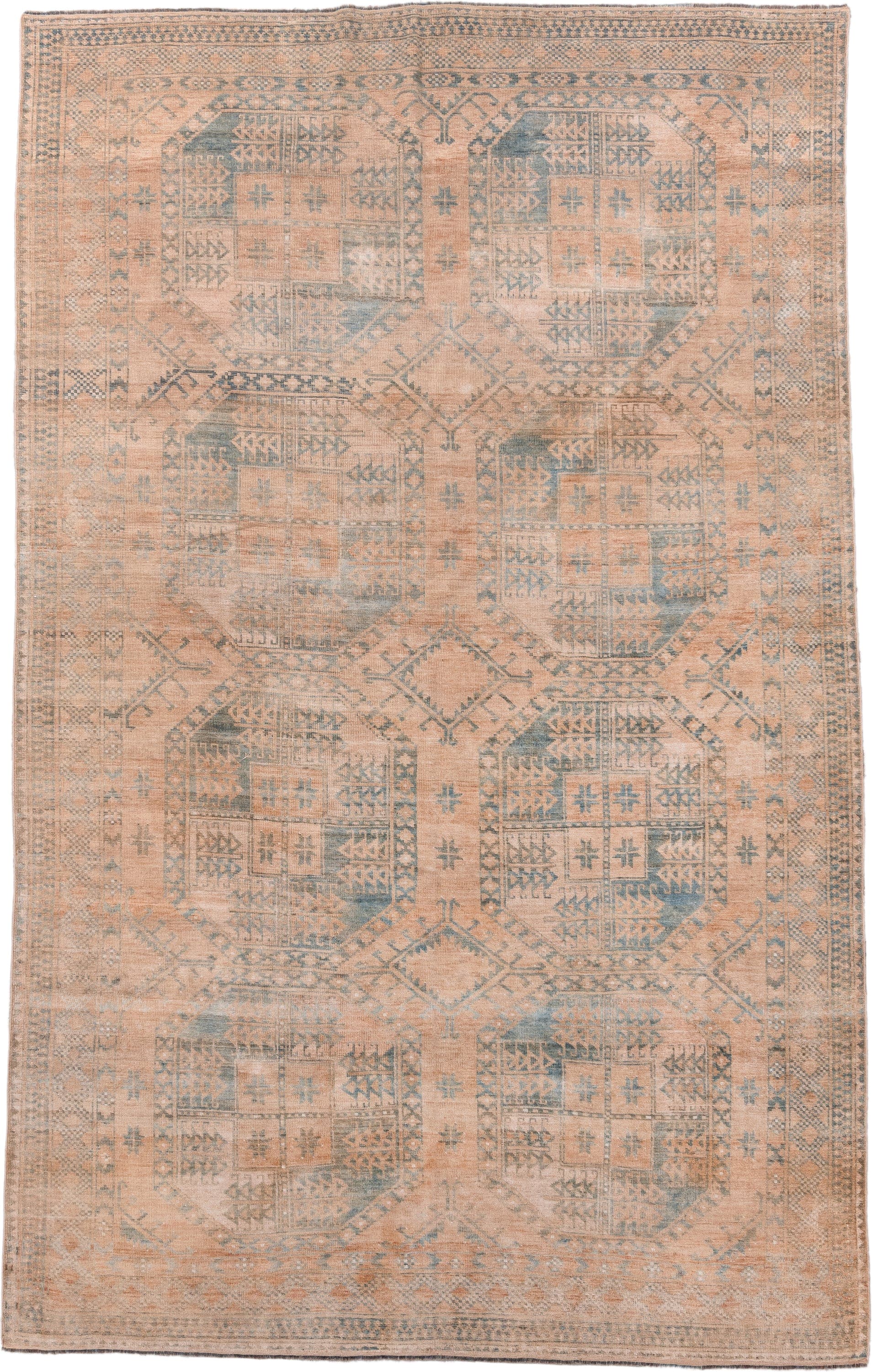 6' x 9' one-of-a-kind handmade antique Afghan medium size rug. Color palette: blush, dusty blue, ivory, taupe, camel, pink