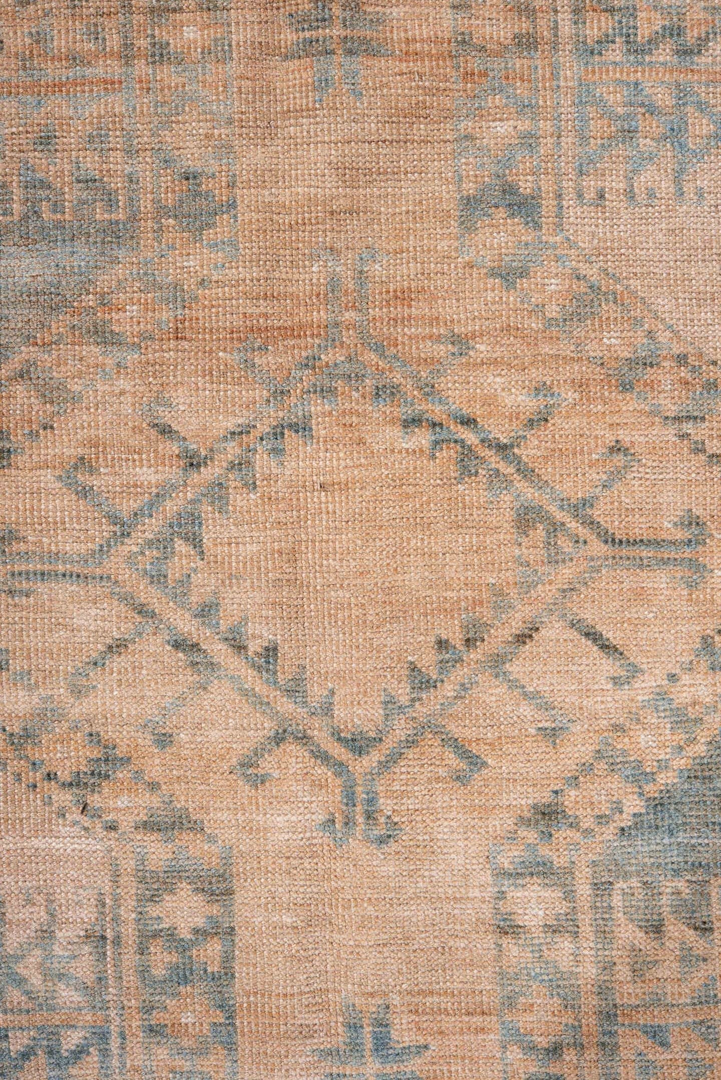 6' x 9' one-of-a-kind handmade antique Afghan medium size rug. Color palette: blush, dusty blue, ivory, taupe, camel, pink