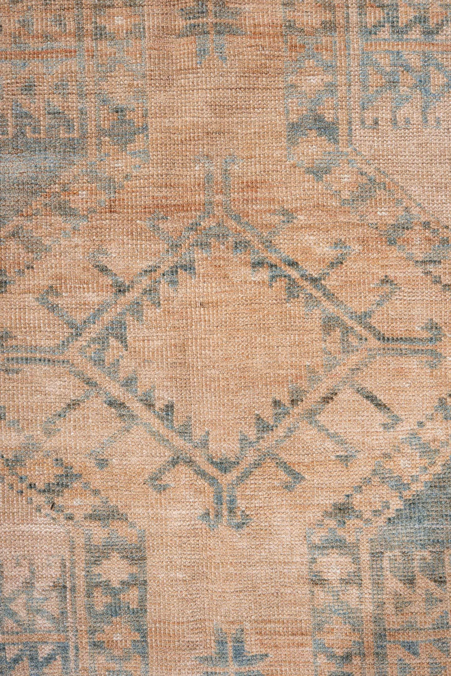 6' x 9' one-of-a-kind handmade antique Afghan medium size rug. Color palette: blush, dusty blue, ivory, taupe, camel, pink