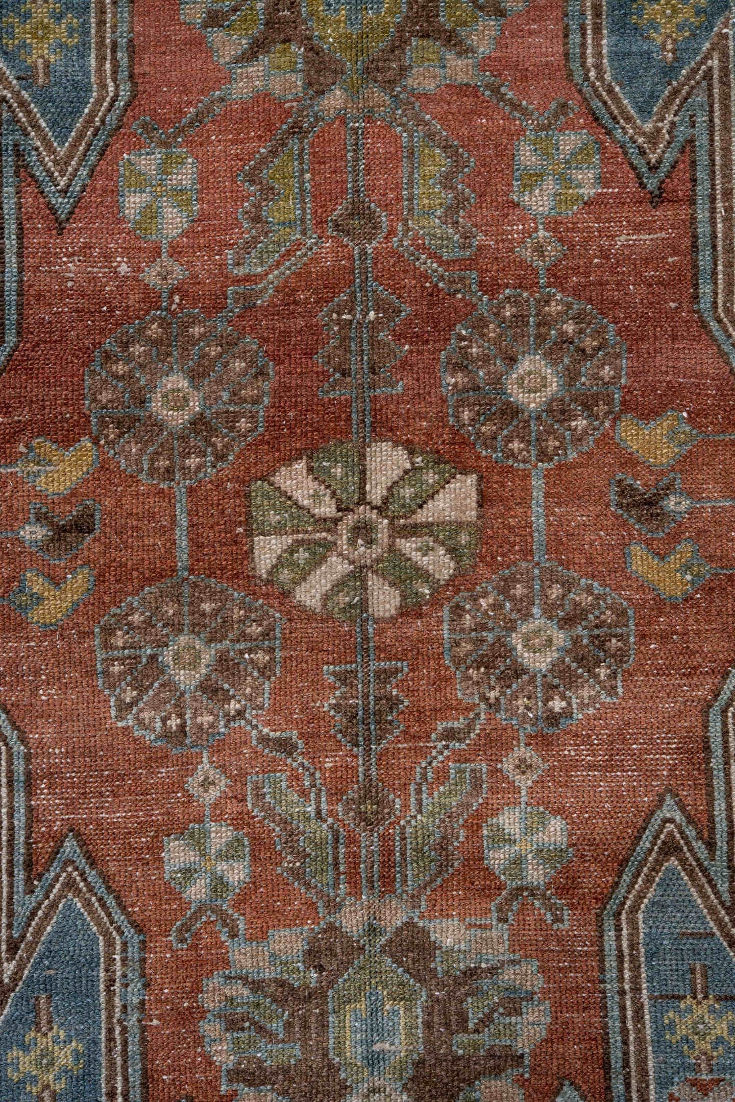 2' x 4' one-of-a-kind handmade vintage Malayer small size rug. Color palette: terra cotta, sky blue, ivory, olive, brown