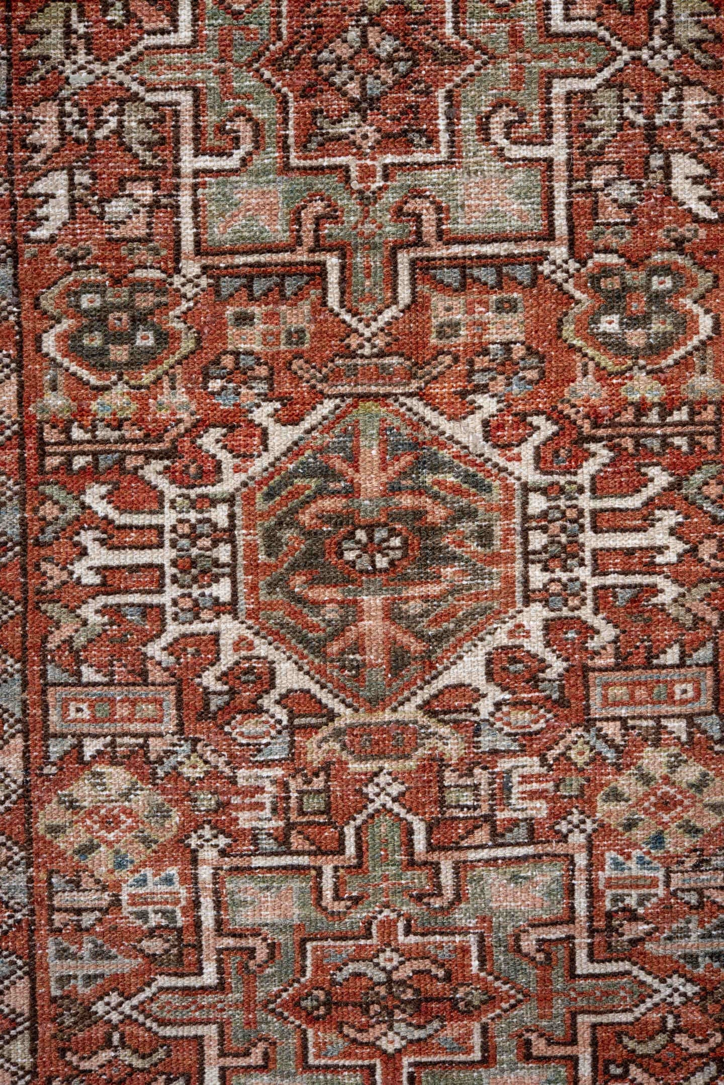 2' x 3' one-of-a-kind handmade antique Karaje small size rug. Color palette: rust, charcoal, ivory, sage, terra cotta, taupe