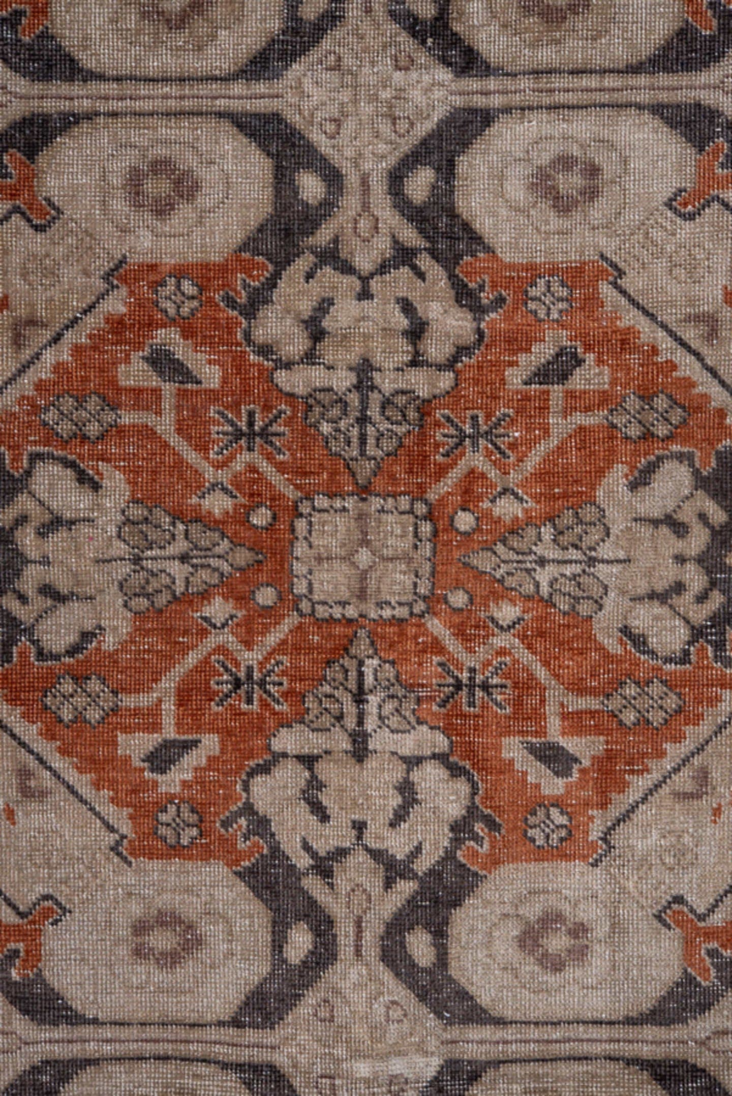 4' x 6' one-of-a-kind handmade vintage Irvan small size rug. Color palette: ivory, terra cotta, taupe, charcoal, brown, rust