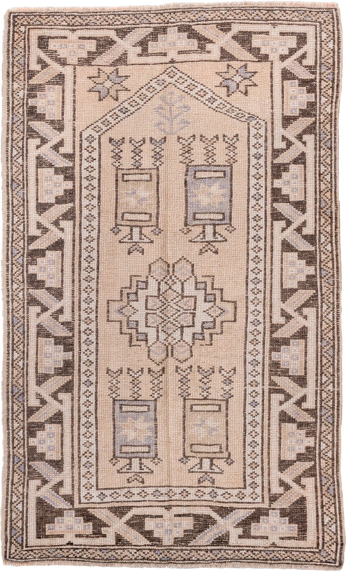 2' x 4' one-of-a-kind handmade antique Oushak small size rug. Color palette: ivory, taupe, brown, pale blue, beige, gray