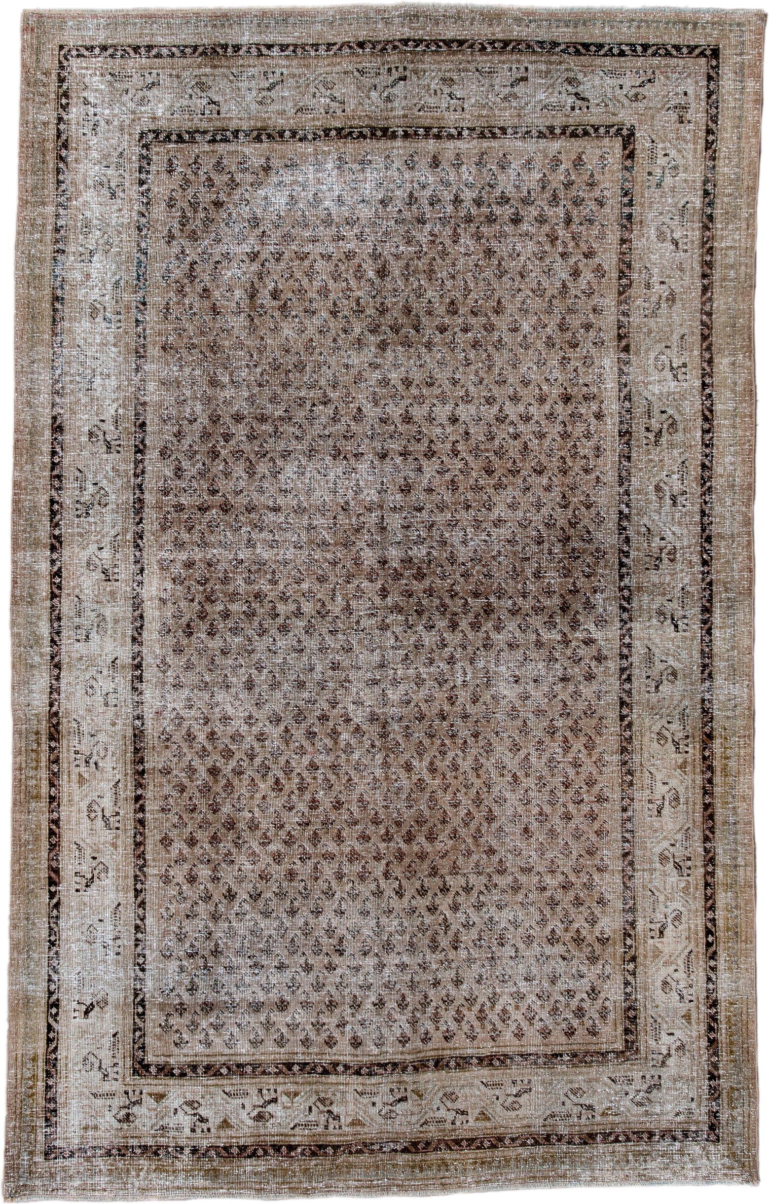 5' x 8' one-of-a-kind handmade antique Saraband medium size rug. Color palette: taupe, ivory, brown, charcoal, beige, gray