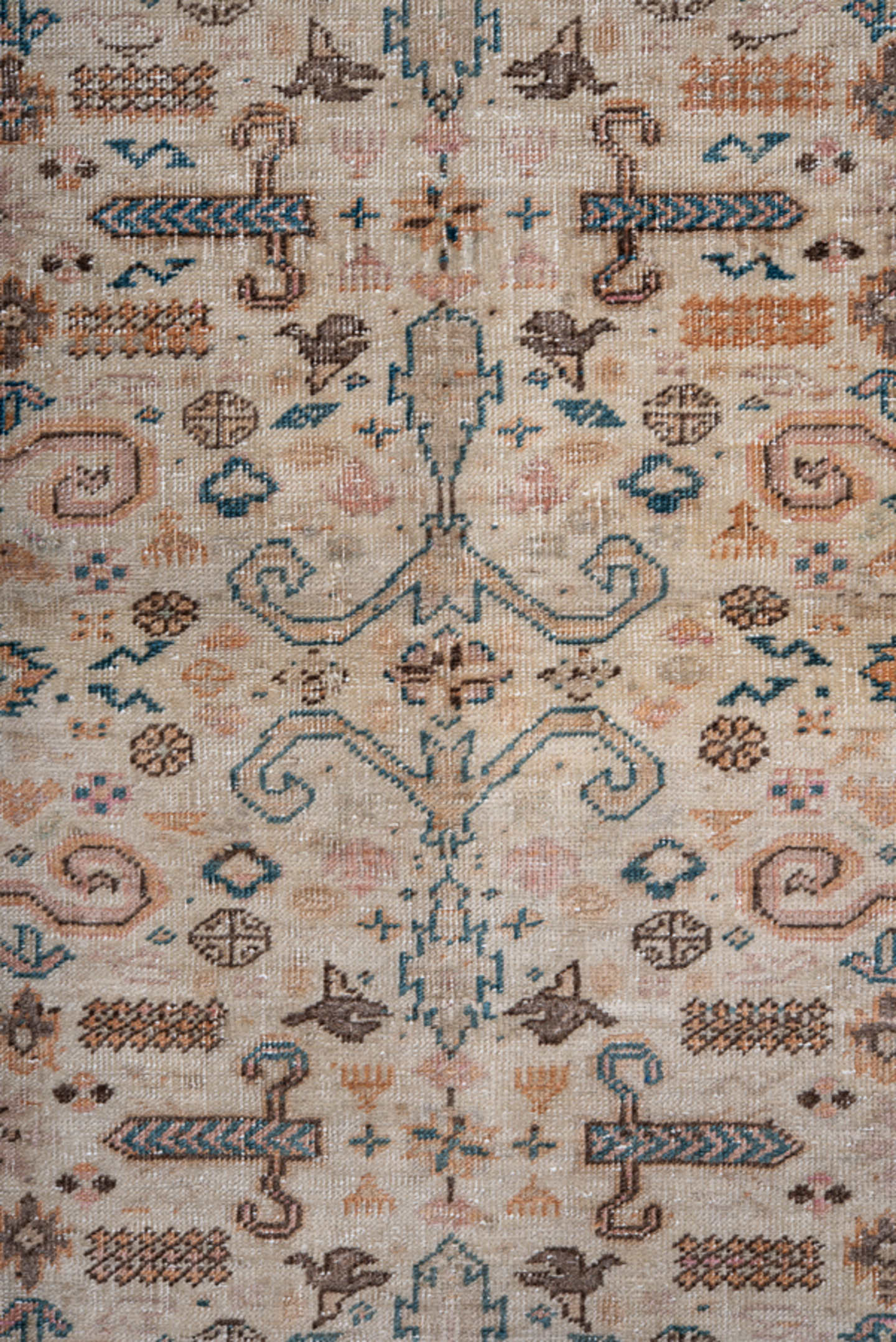 5' x 7' one-of-a-kind handmade antique Kaisary rug. Color palette: ivory, blush, taupe, pale blue, brown, camel, charcoal