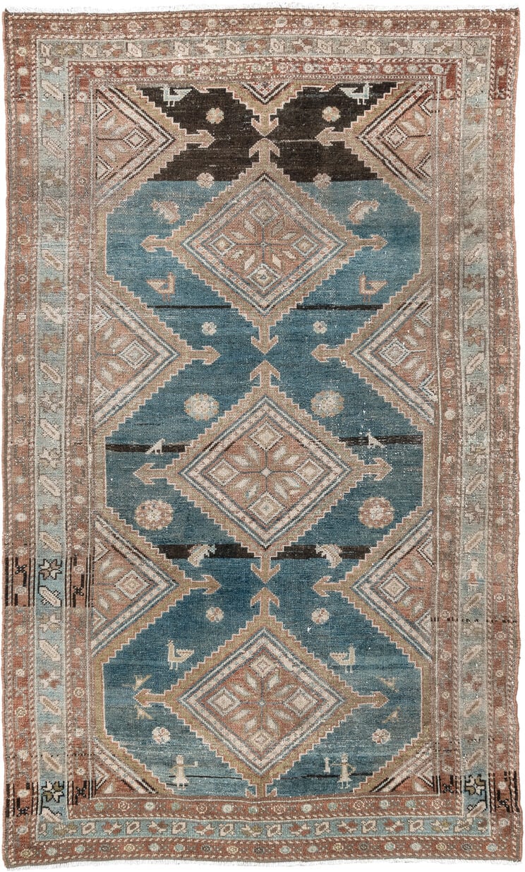 4' x 6' one-of-a-kind handmade antique Hamadan rug. Color palette: blue, terra cotta, ivory, taupe, charcoal, camel