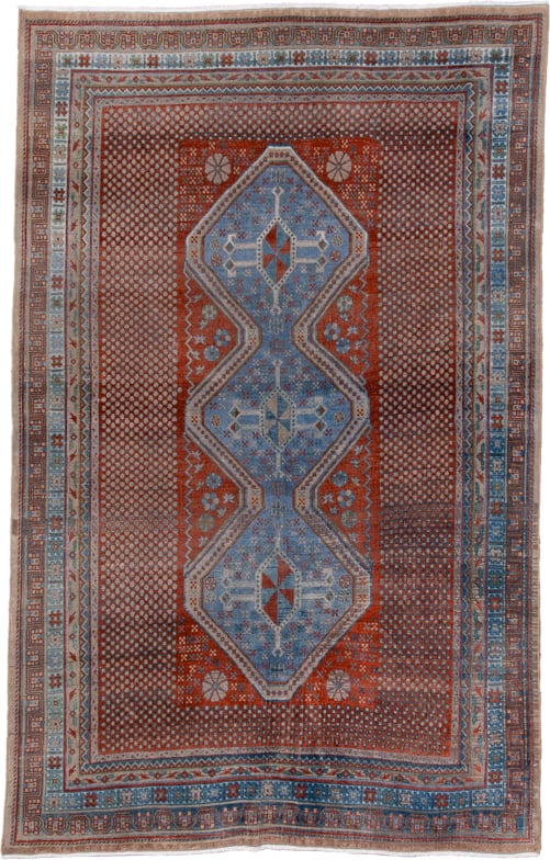 5' x 7' one-of-a-kind handmade antique Afshar rug. Color palette: rust, sky blue, ivory, slate, brick, camel, terracotta