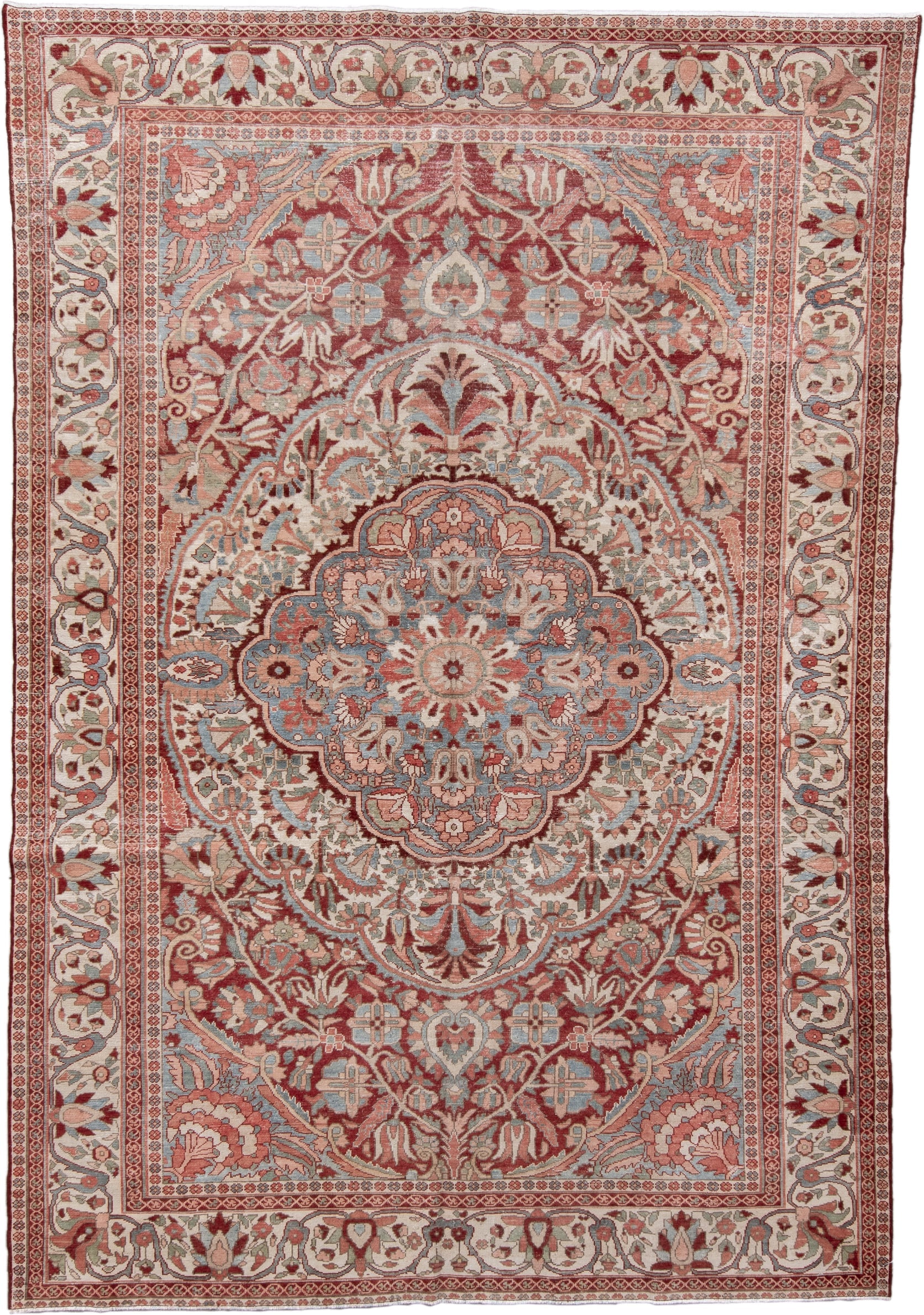 7' x 10' one-of-a-kind handmade vintage Baktiary large size rug. Color palette: ivory, rose, light blue, rust, burgundy