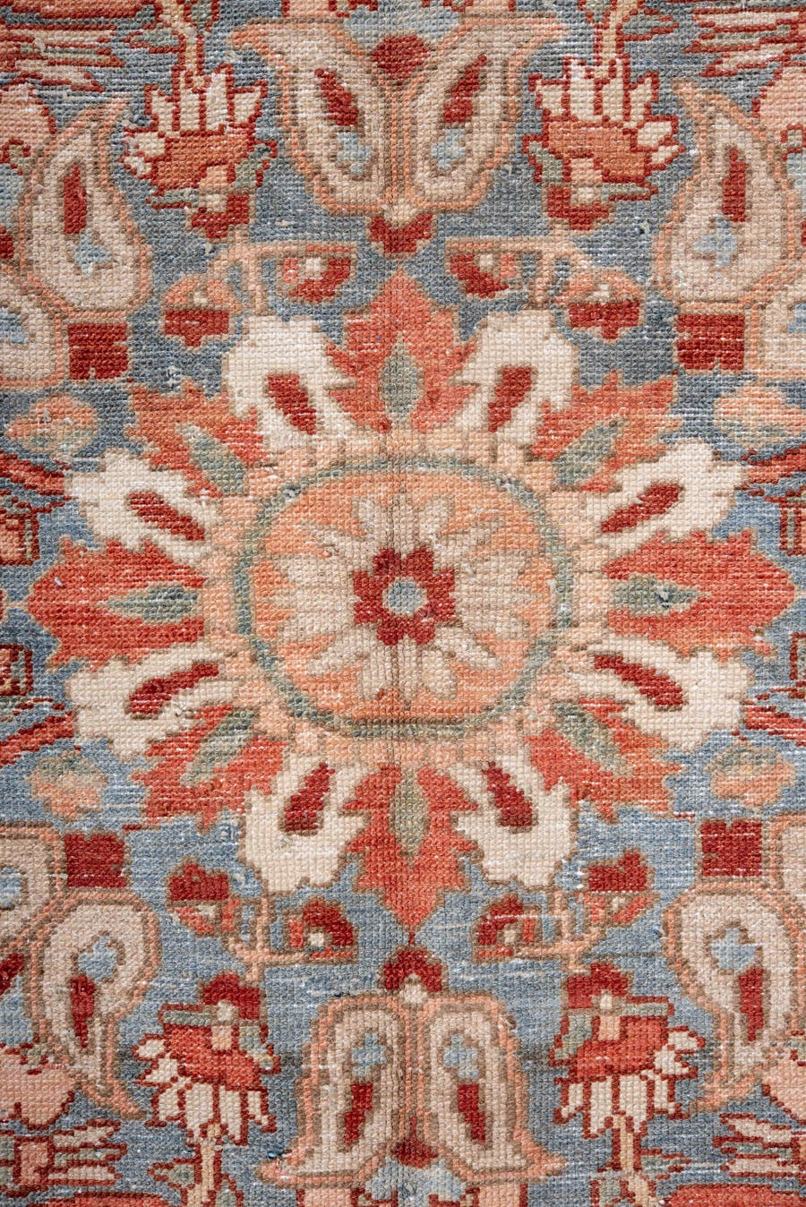 7' x 10' one-of-a-kind handmade vintage Baktiary large size rug. Color palette: ivory, rose, light blue, rust, burgundy
