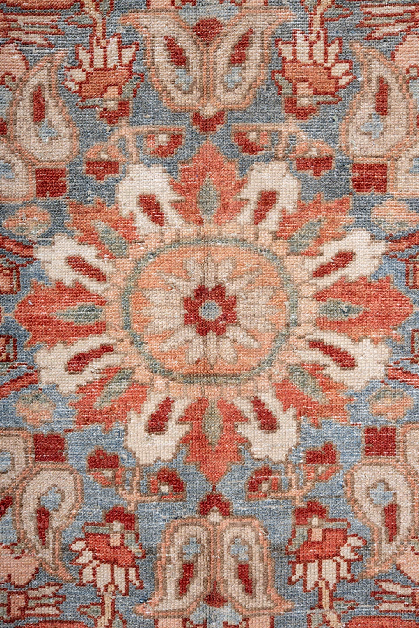 7' x 10' one-of-a-kind handmade vintage Baktiary large size rug. Color palette: ivory, rose, light blue, rust, burgundy