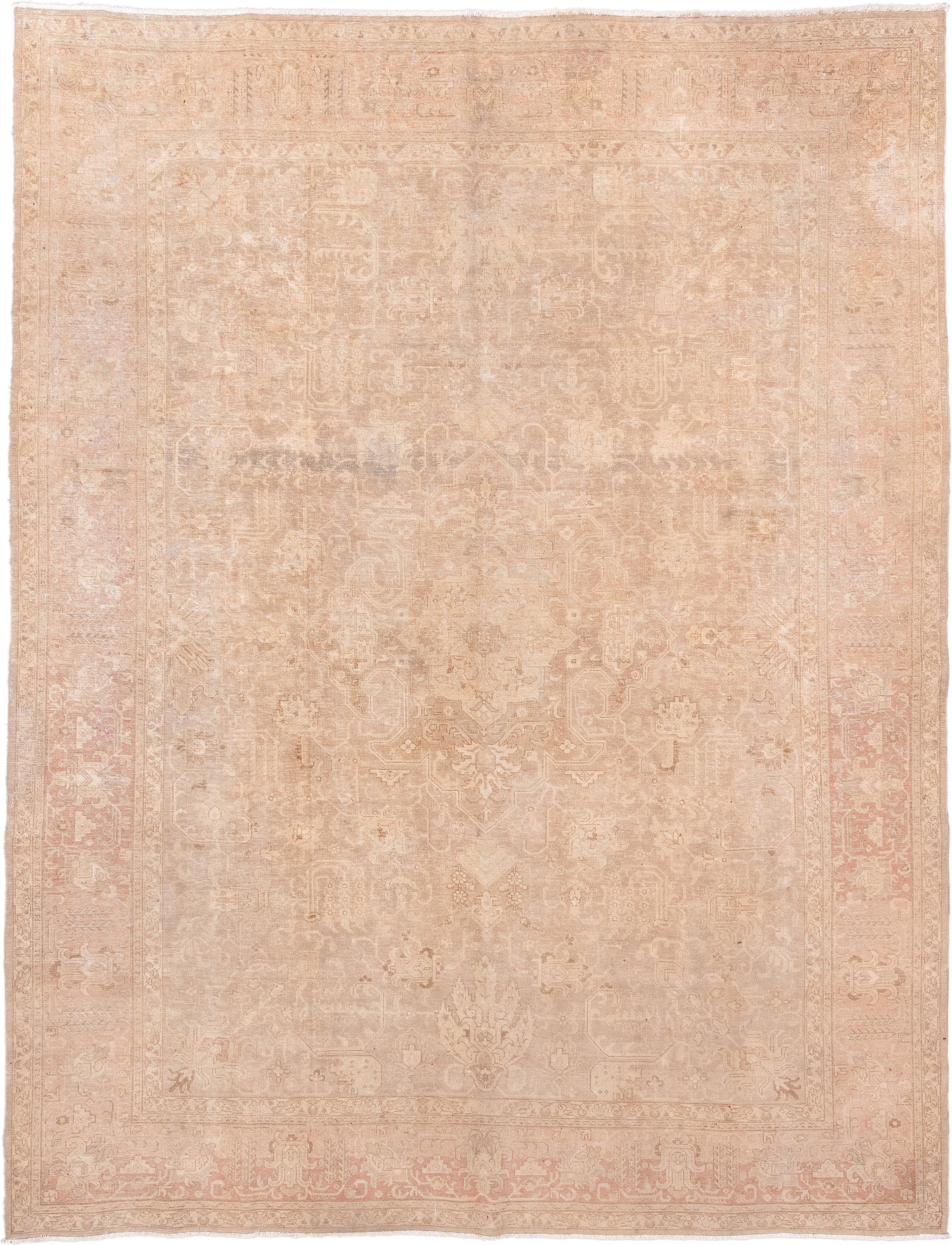 9' x 12' one-of-a-kind handmade antique Tabriz large size rug. Color palette: ivory, blush, taupe, sand, beige, pale rose