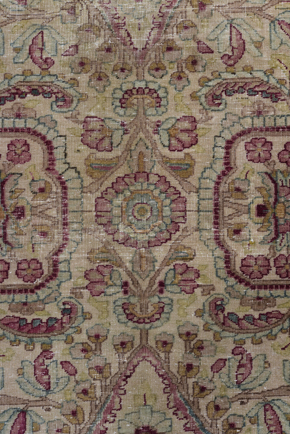 9' x 11' one-of-a-kind handmade vintage Kerman large size rug. Color palette: ivory, rose, burgundy, taupe, beige, pale blue