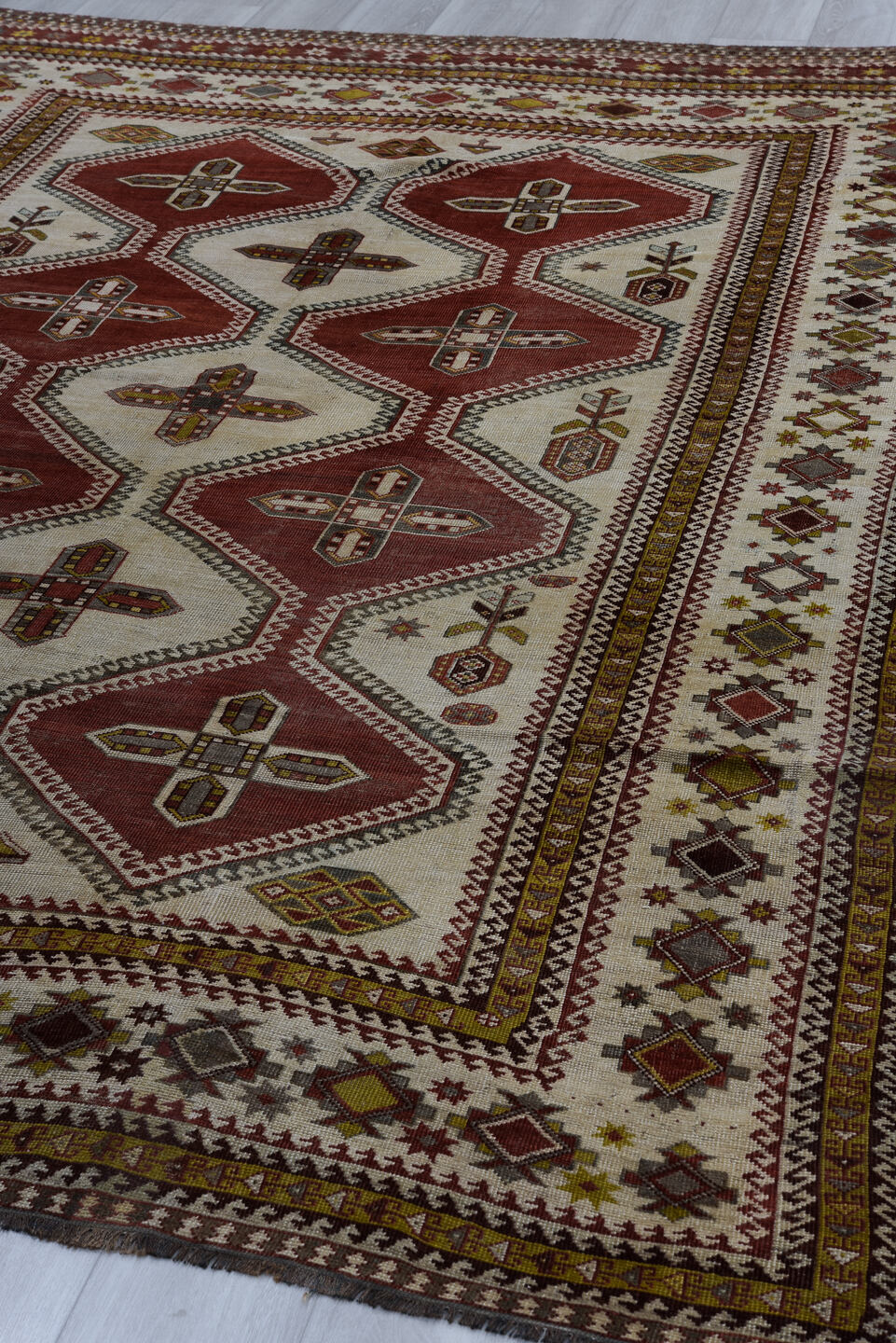 7' x 10' one-of-a-kind handmade vintage Yalameh large size rug. Color palette: ivory, rust, burgundy, gold, charcoal, taupe