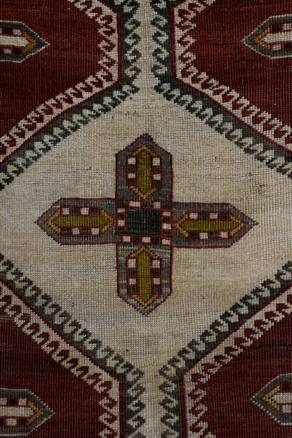 7' x 10' one-of-a-kind handmade vintage Yalameh large size rug. Color palette: ivory, rust, burgundy, gold, charcoal, taupe