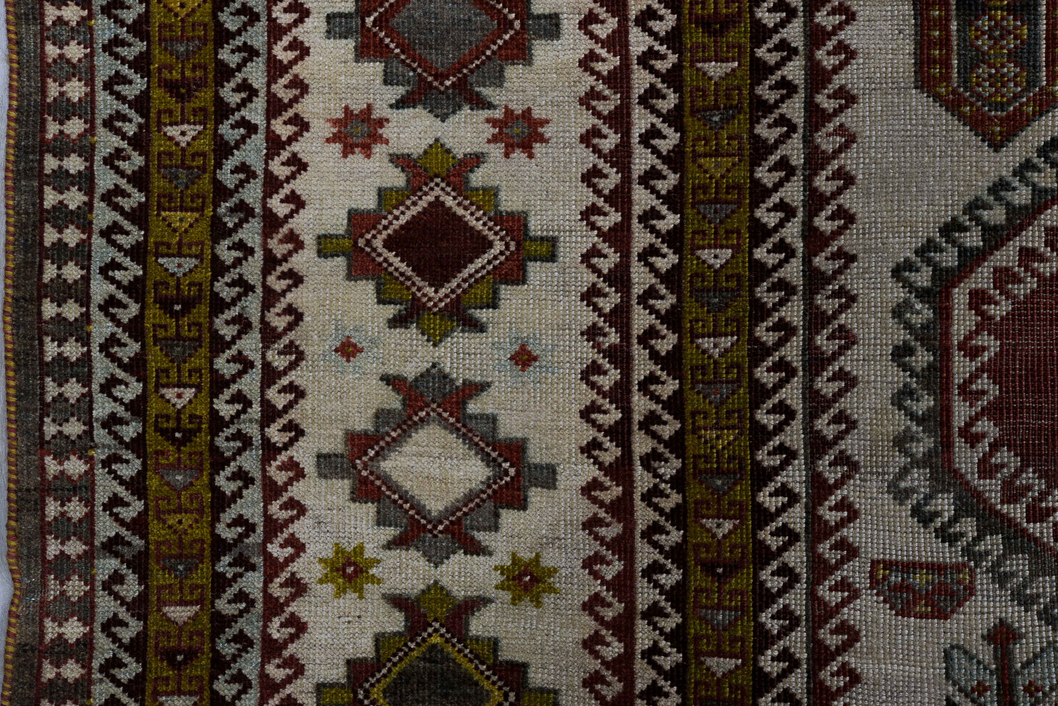 7' x 10' one-of-a-kind handmade vintage Yalameh large size rug. Color palette: ivory, rust, burgundy, gold, charcoal, taupe