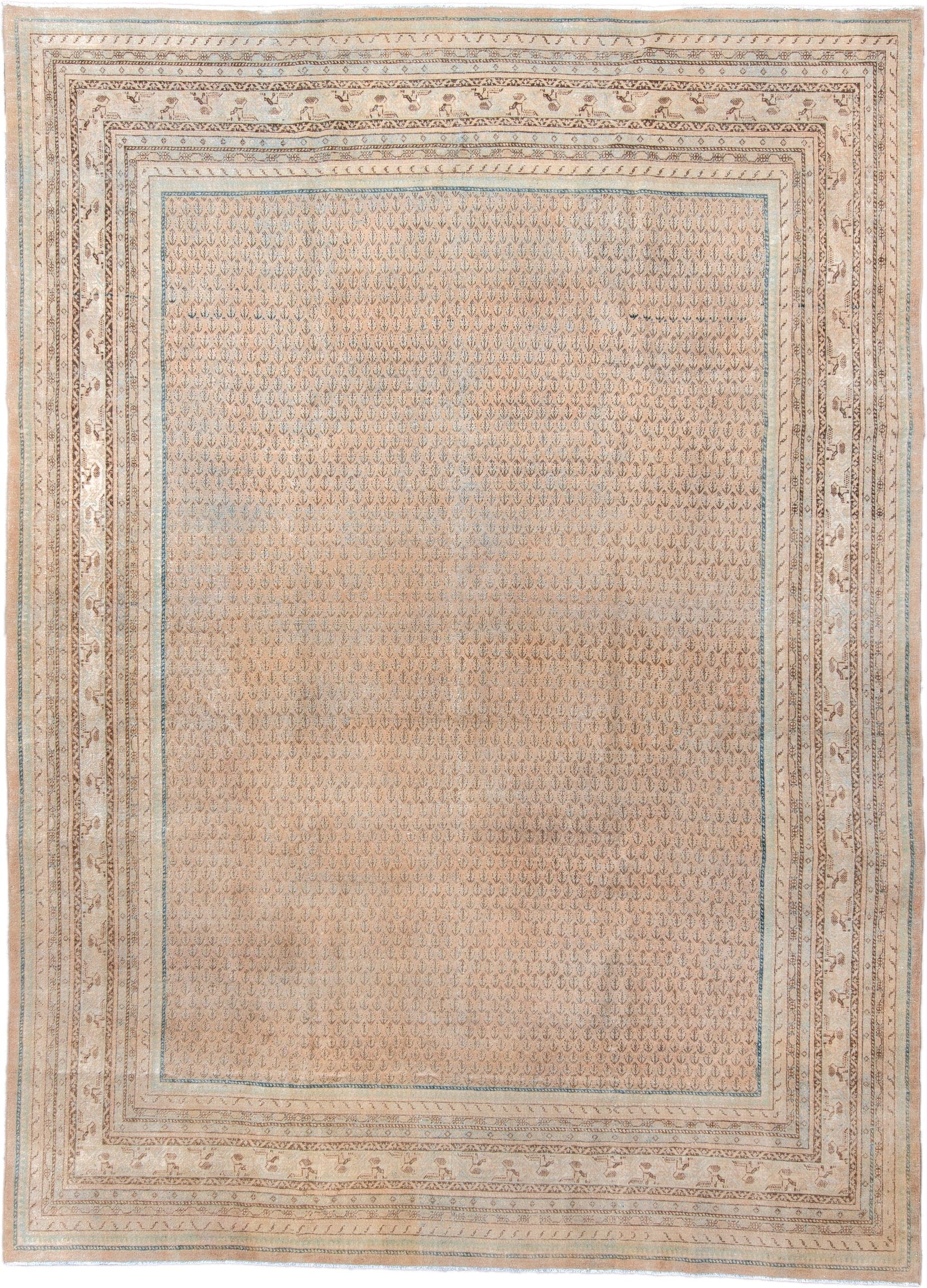8' x 11' one-of-a-kind handmade vintage Mir large size rug. Color palette: camel, ivory, taupe, light blue, brown, beige