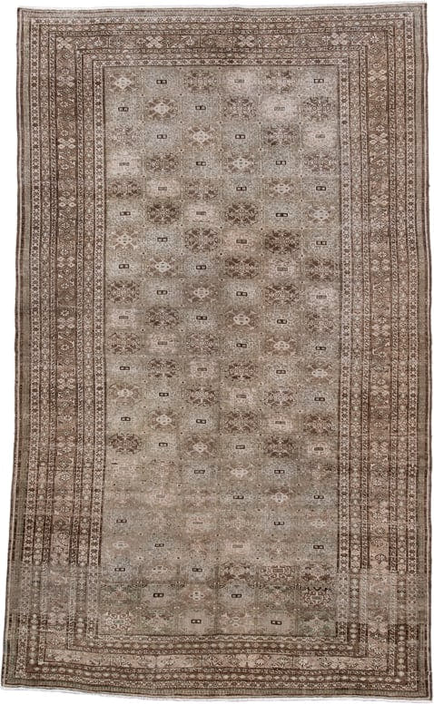 5' x 8' one-of-a-kind handmade antique Ardebil medium size rug. Color palette: taupe, brown, ivory, camel, beige, gray