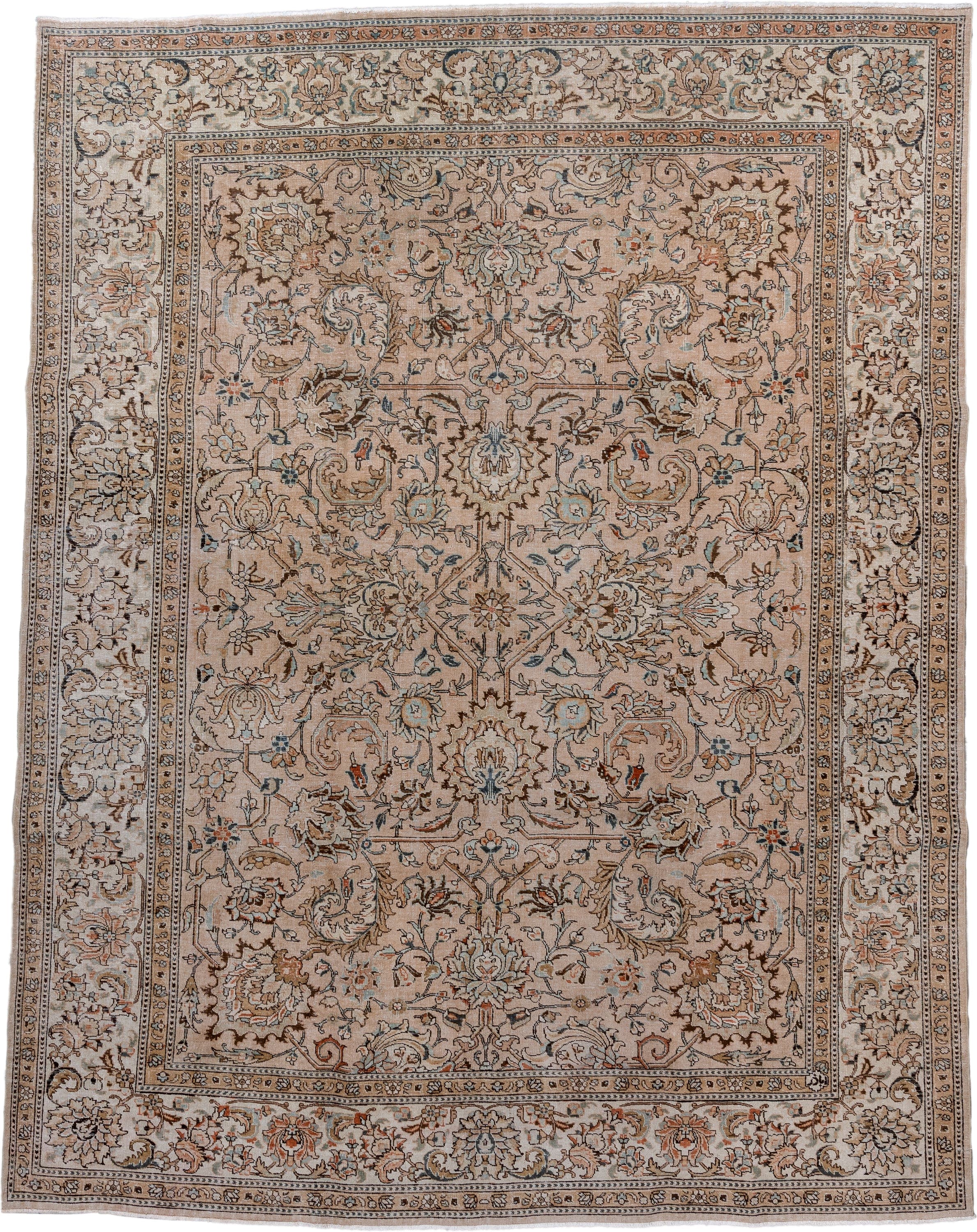 8' x 10' one-of-a-kind handmade antique Tabriz large size rug. Color palette: ivory, beige, taupe, camel, slate, rust, brown