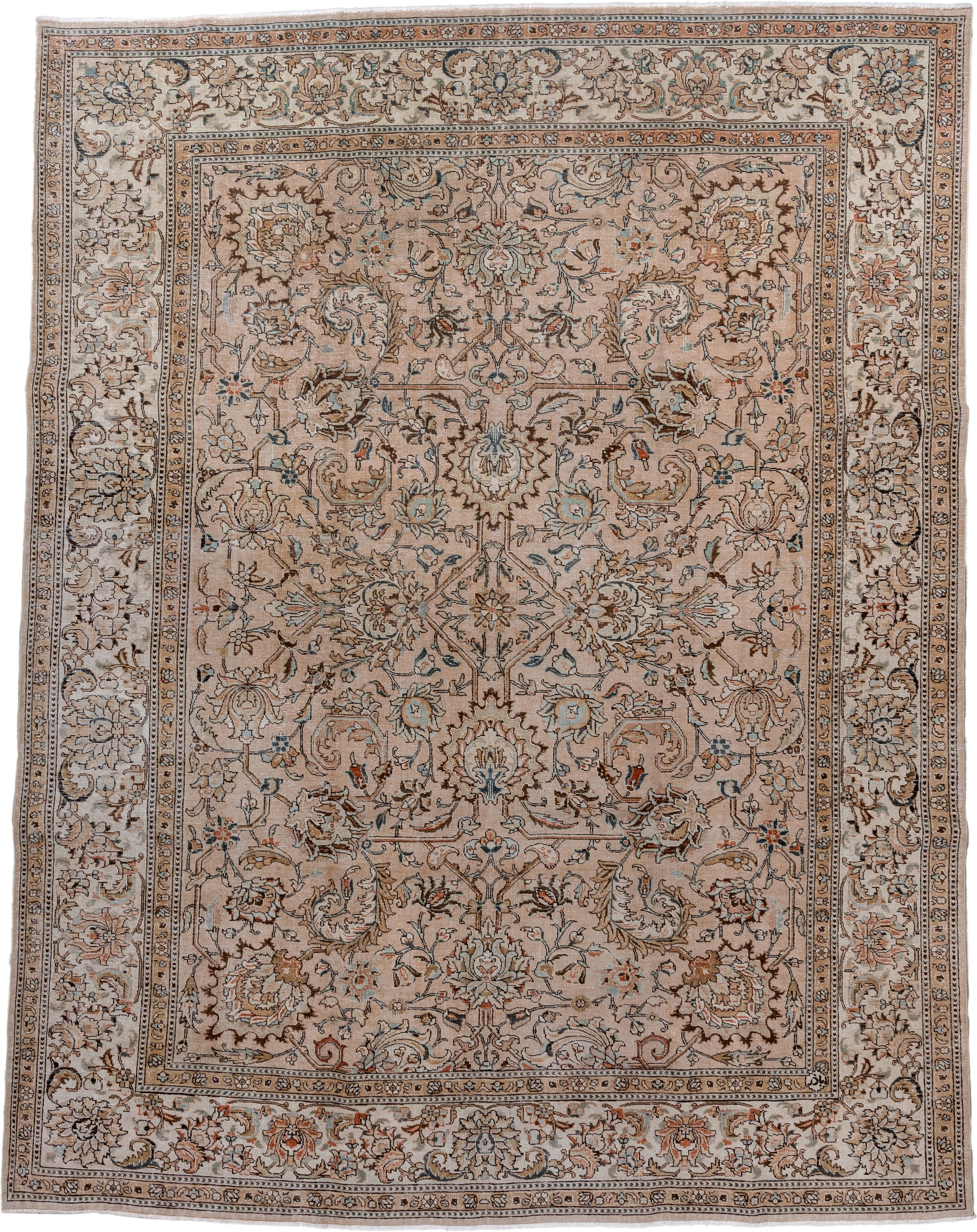 8' x 10' one-of-a-kind handmade antique Tabriz large size rug. Color palette: ivory, beige, taupe, camel, slate, rust, brown
