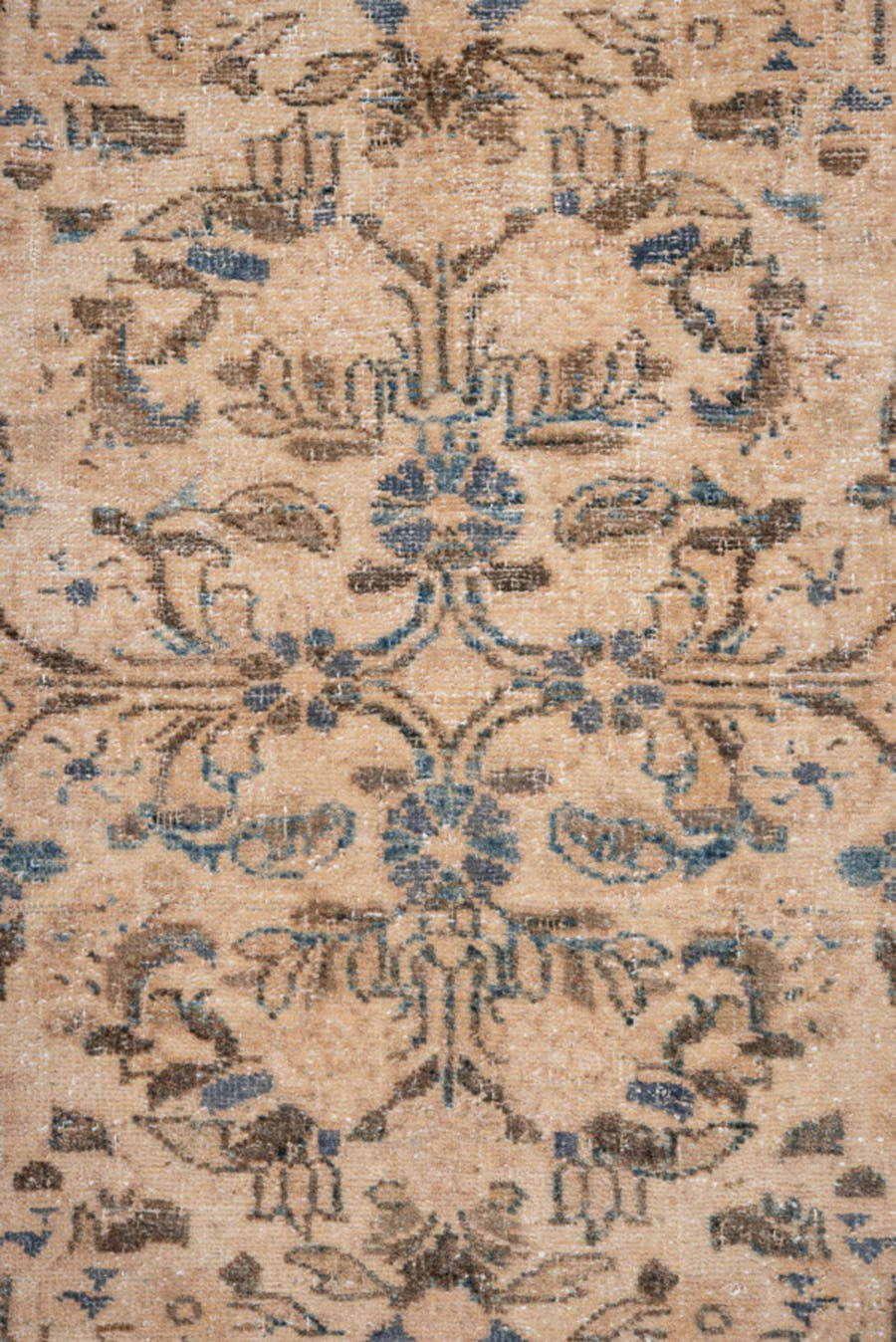2' x 6' one-of-a-kind handmade antique Lilian runner rug. Color palette: ivory, sky blue, brown, taupe, beige, light blue