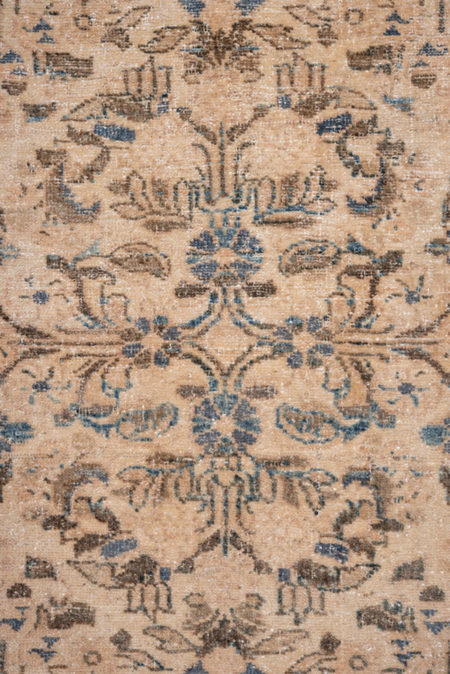 2' x 6' one-of-a-kind handmade antique Lilian runner rug. Color palette: ivory, sky blue, brown, taupe, beige, light blue
