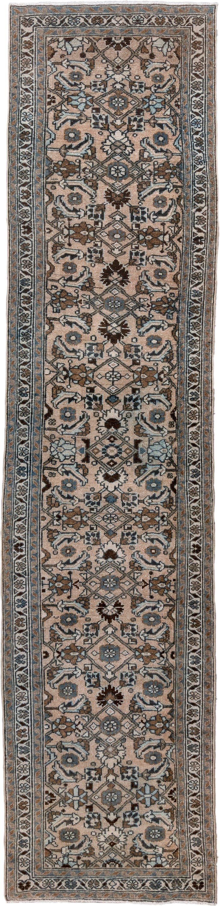 2' x 11' one-of-a-kind handmade antique Hamadan runner rug. Color palette: ivory, brown, sky_blue, camel, taupe, slate