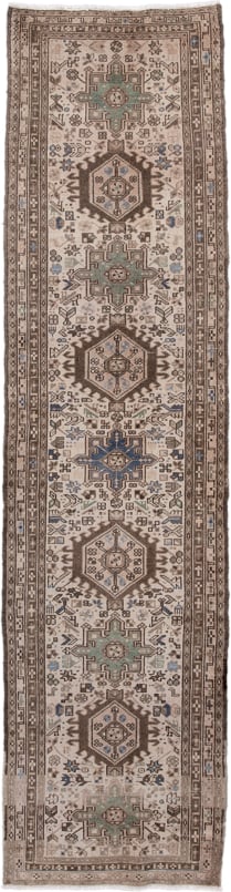 2' x 9' one-of-a-kind handmade antique Karaje runner rug. Color palette: ivory, brown, taupe, slate blue, sage, charcoal