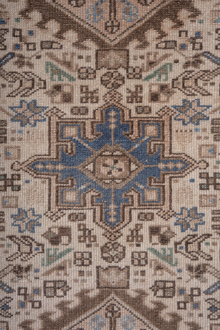 2' x 9' one-of-a-kind handmade antique Karaje runner rug. Color palette: ivory, brown, taupe, slate blue, sage, charcoal