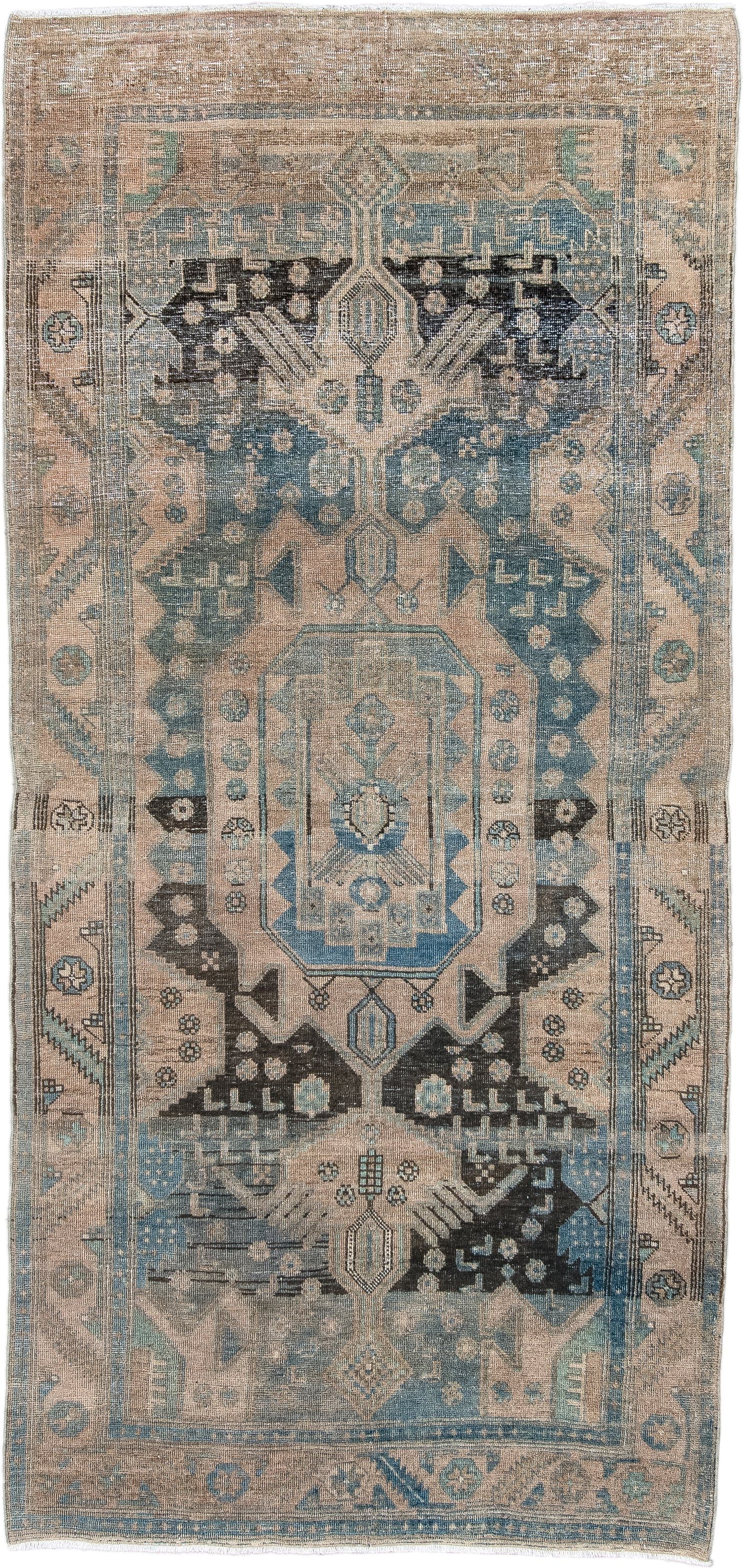 3' x 8' one-of-a-kind handmade antique Bidjar runner rug. Color palette: beige, sky_blue, ivory, charcoal, taupe, slate