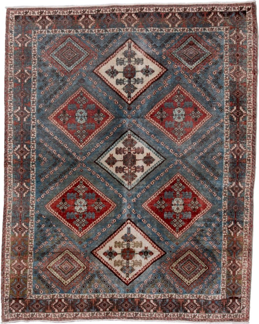 4' x 5' one-of-a-kind handmade antique Afshar small size rug. Color palette: sky blue, rust, ivory, deep brown, slate